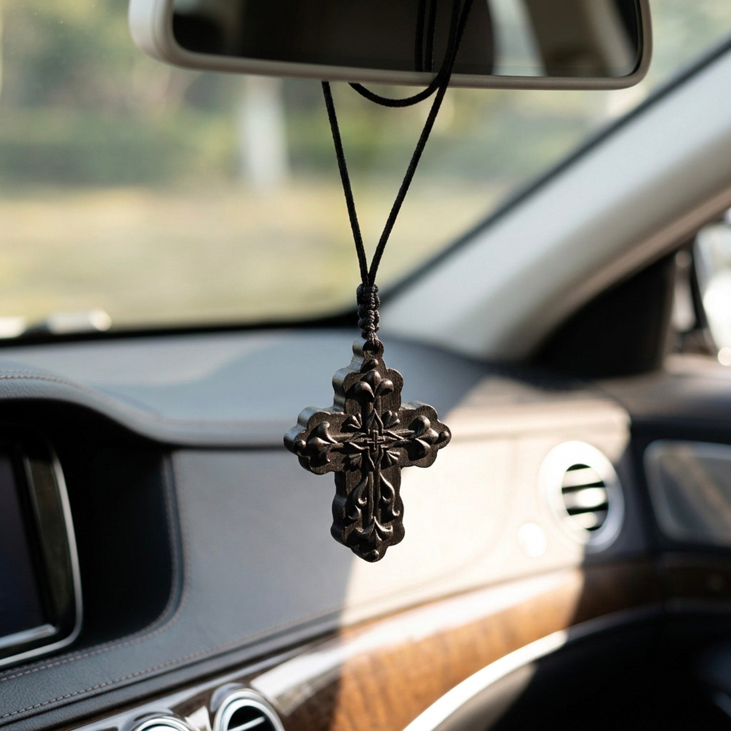 Handcrafted Ebony Wood Floral Cross Pendant Necklace