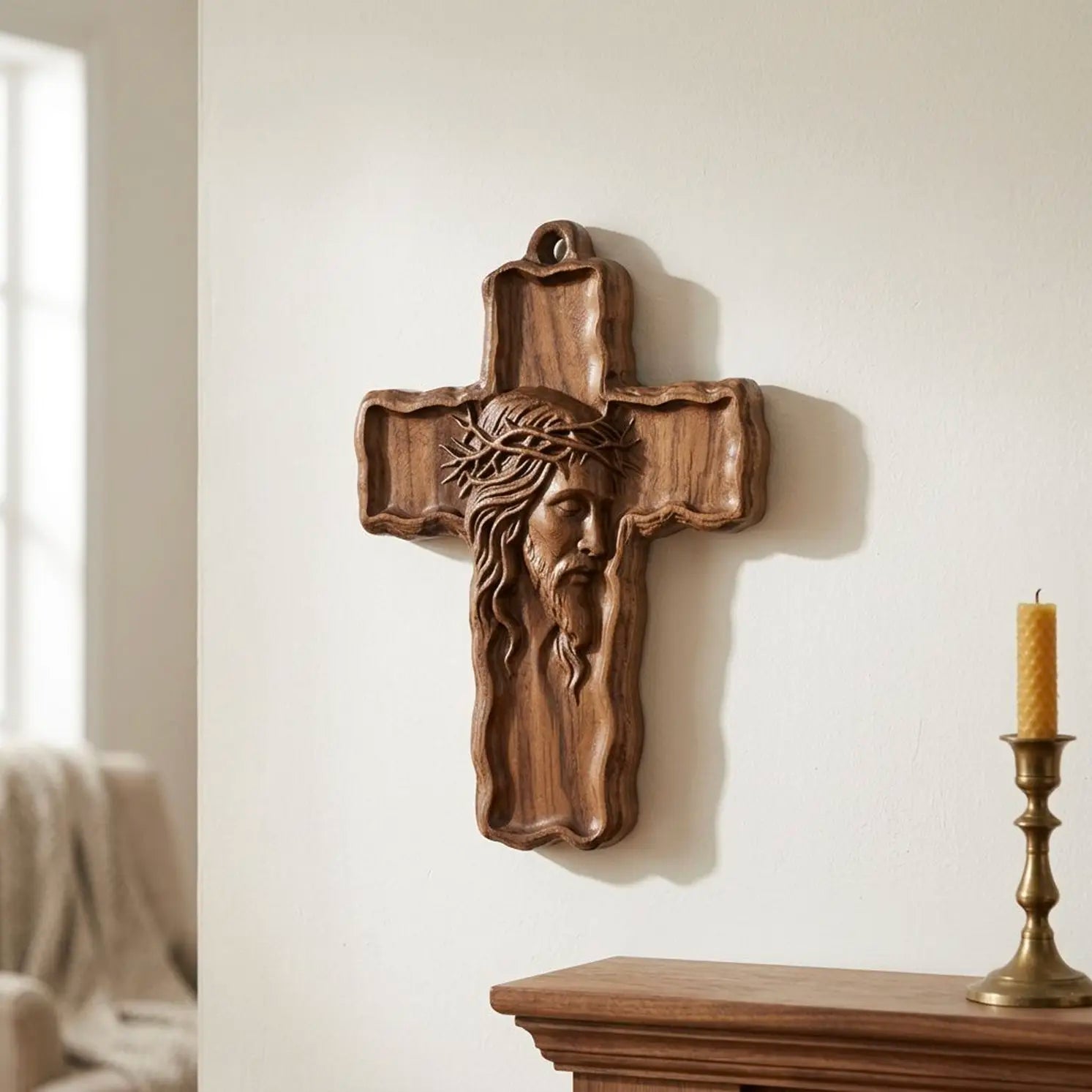 Wooden Crucifix 3D STL Model - Rustic Cross Pendant Relief File for CNC & 3D Printing