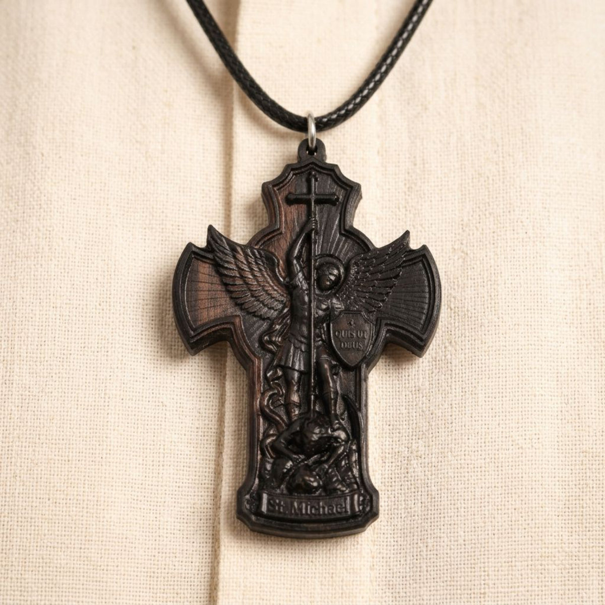 St. Michael the Archangel Ebony Wood Pendant Necklace – Handmade Catholic Gift
