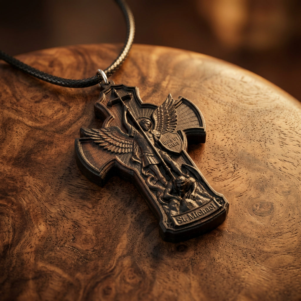 St. Michael the Archangel Ebony Wood Pendant Necklace – Handmade Catholic Gift