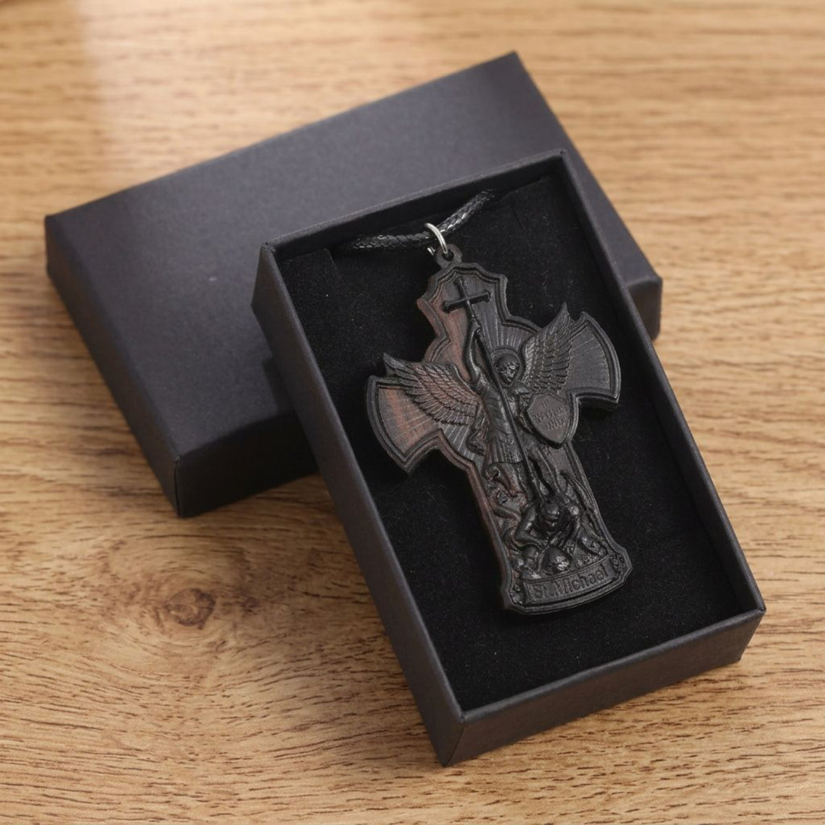 St. Michael the Archangel Ebony Wood Pendant Necklace – Handmade Catholic Gift