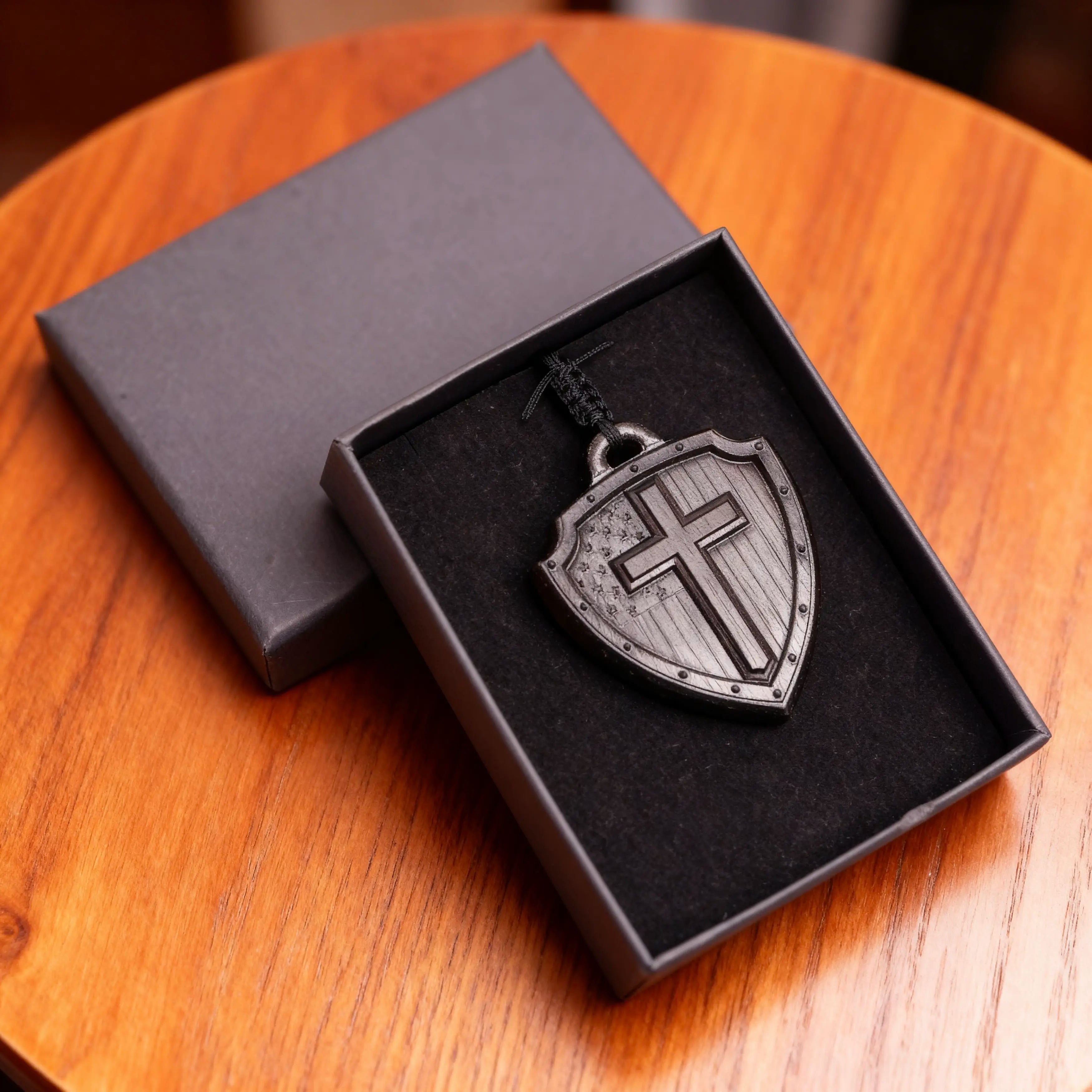 American Flag Cross Shield Necklace – Handcrafted from Reclaimed Ebony Wood