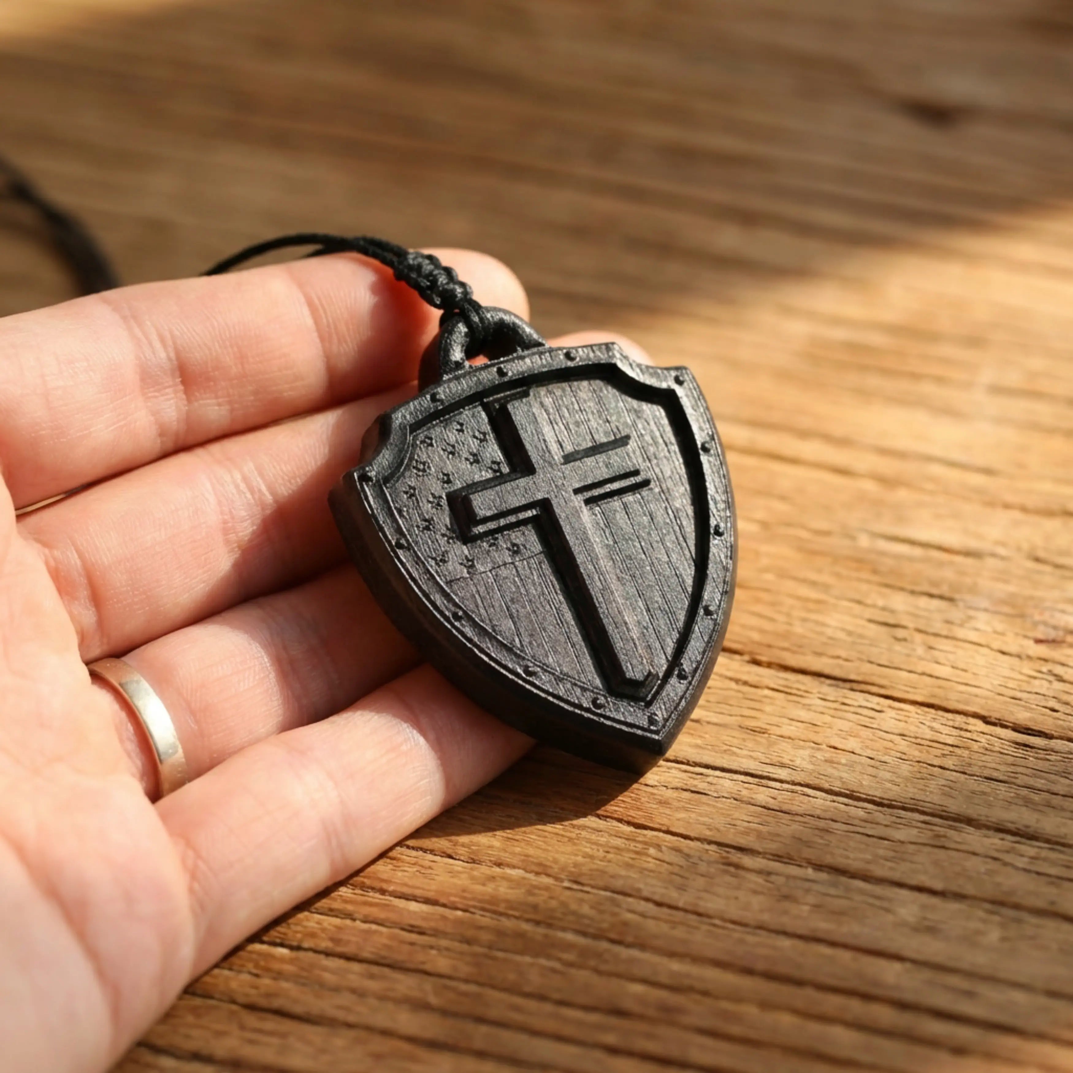 American Flag Cross Shield Necklace – Handcrafted from Reclaimed Ebony Wood