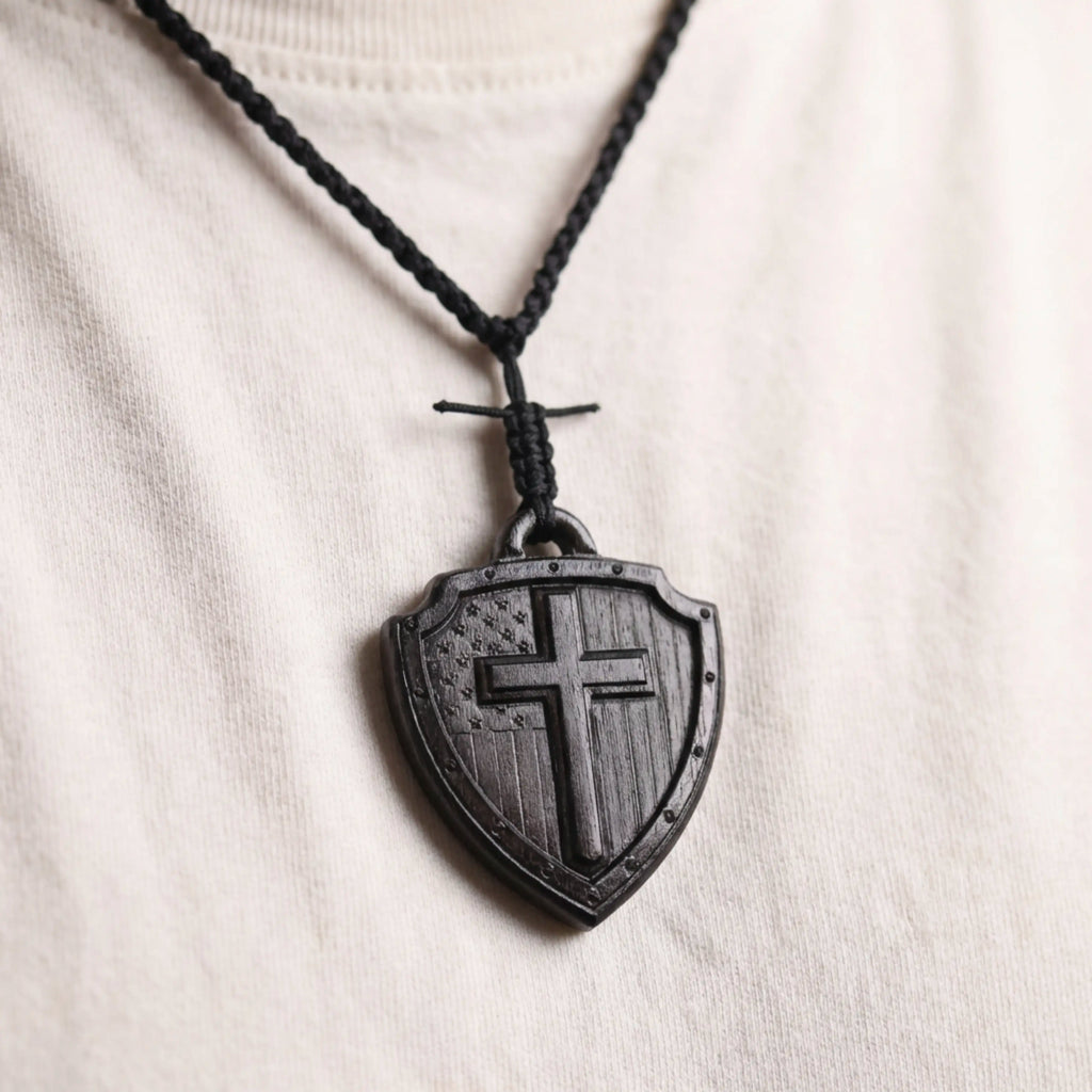 American Flag Cross Shield Necklace – Handcrafted from Reclaimed Ebony Wood