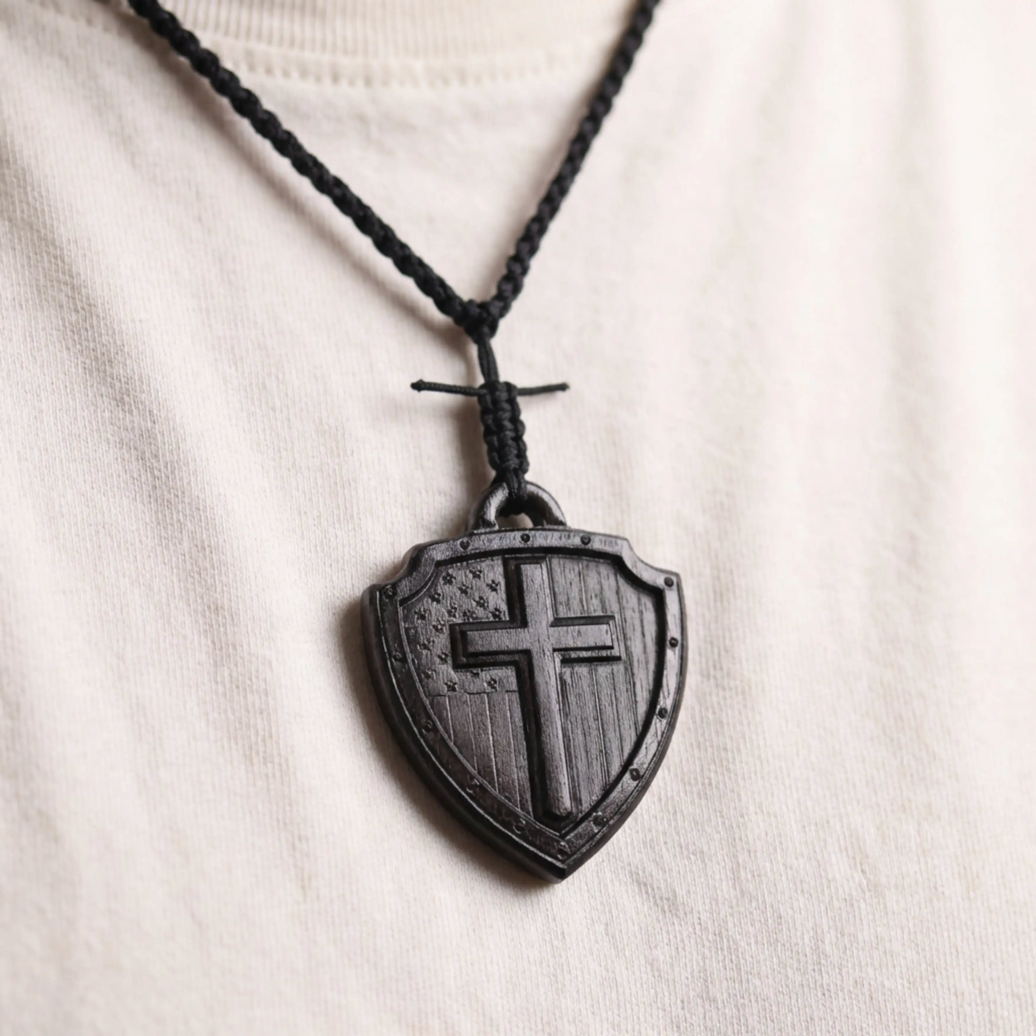 American Flag Cross Shield Necklace – Handcrafted from Reclaimed Ebony Wood