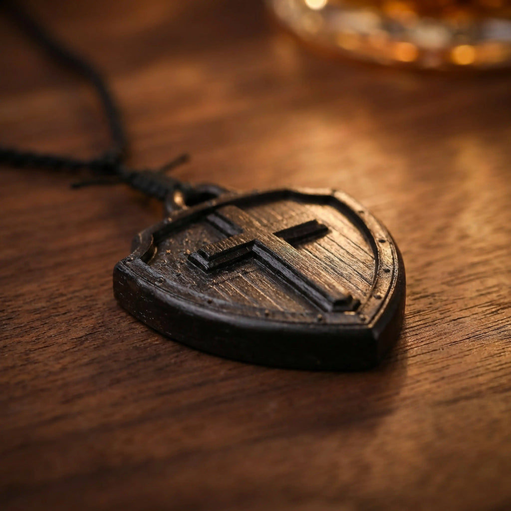 American Flag Cross Shield Necklace – Handcrafted from Reclaimed Ebony Wood