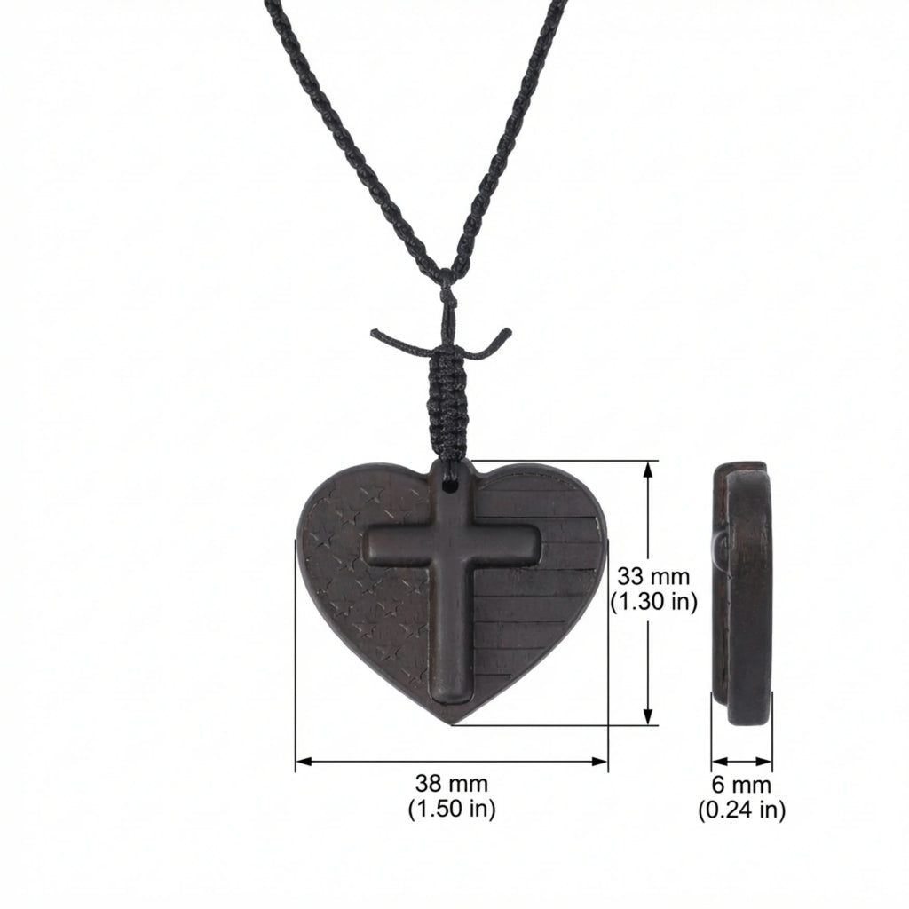 American Flag Heart Cross Necklace – Handcrafted from Reclaimed Ebony Wood