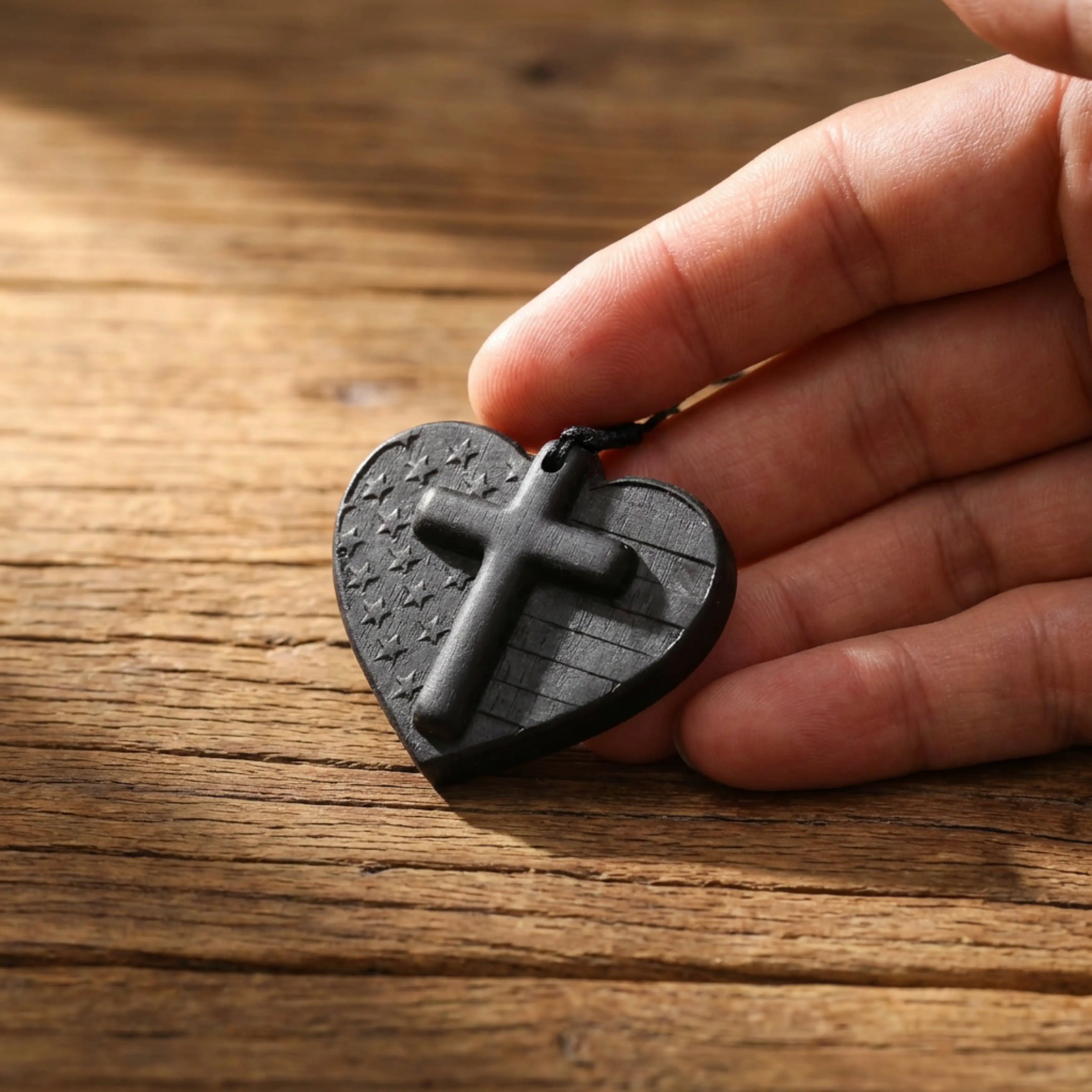 American Flag Heart Cross Necklace – Handcrafted from Reclaimed Ebony Wood