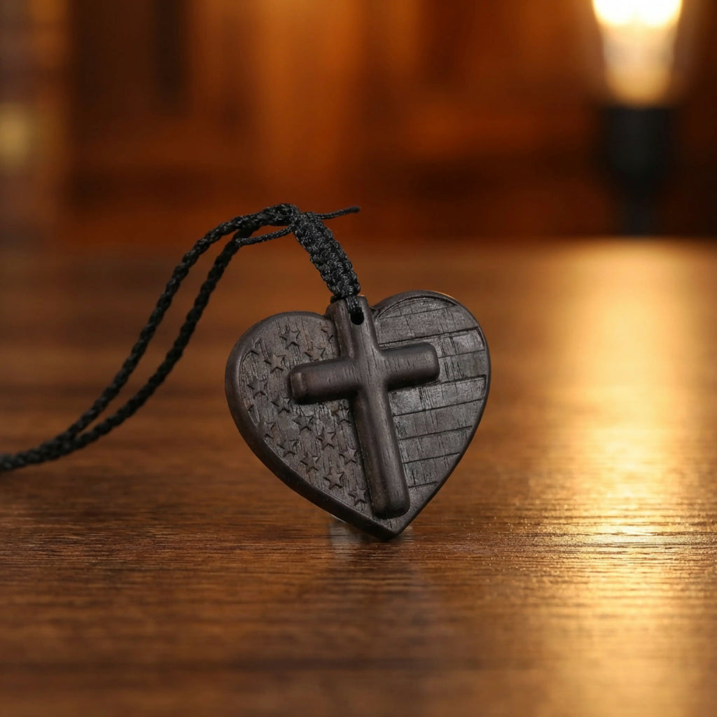 American Flag Heart Cross Necklace – Handcrafted from Reclaimed Ebony Wood