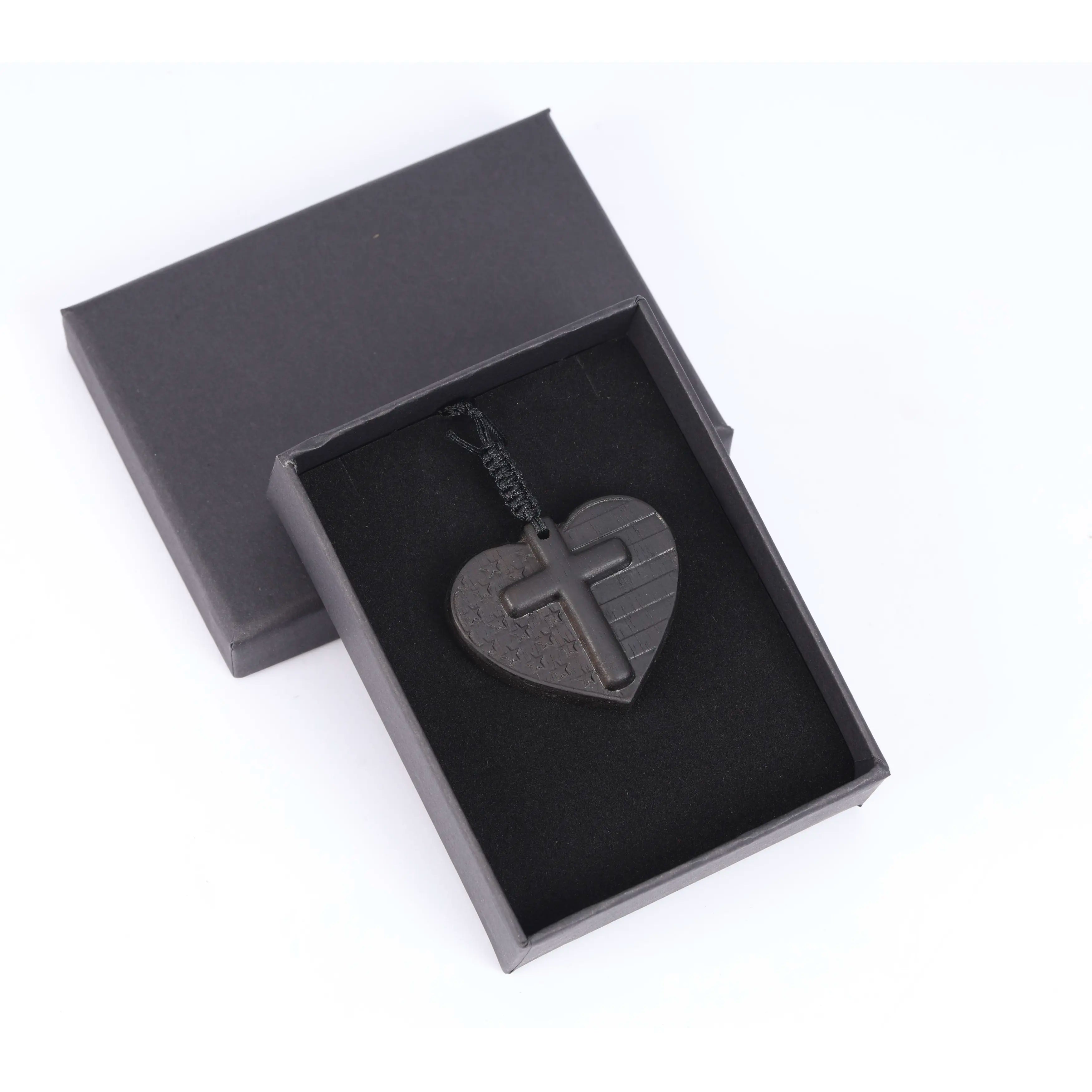 American Flag Heart Cross Necklace – Handcrafted from Reclaimed Ebony Wood