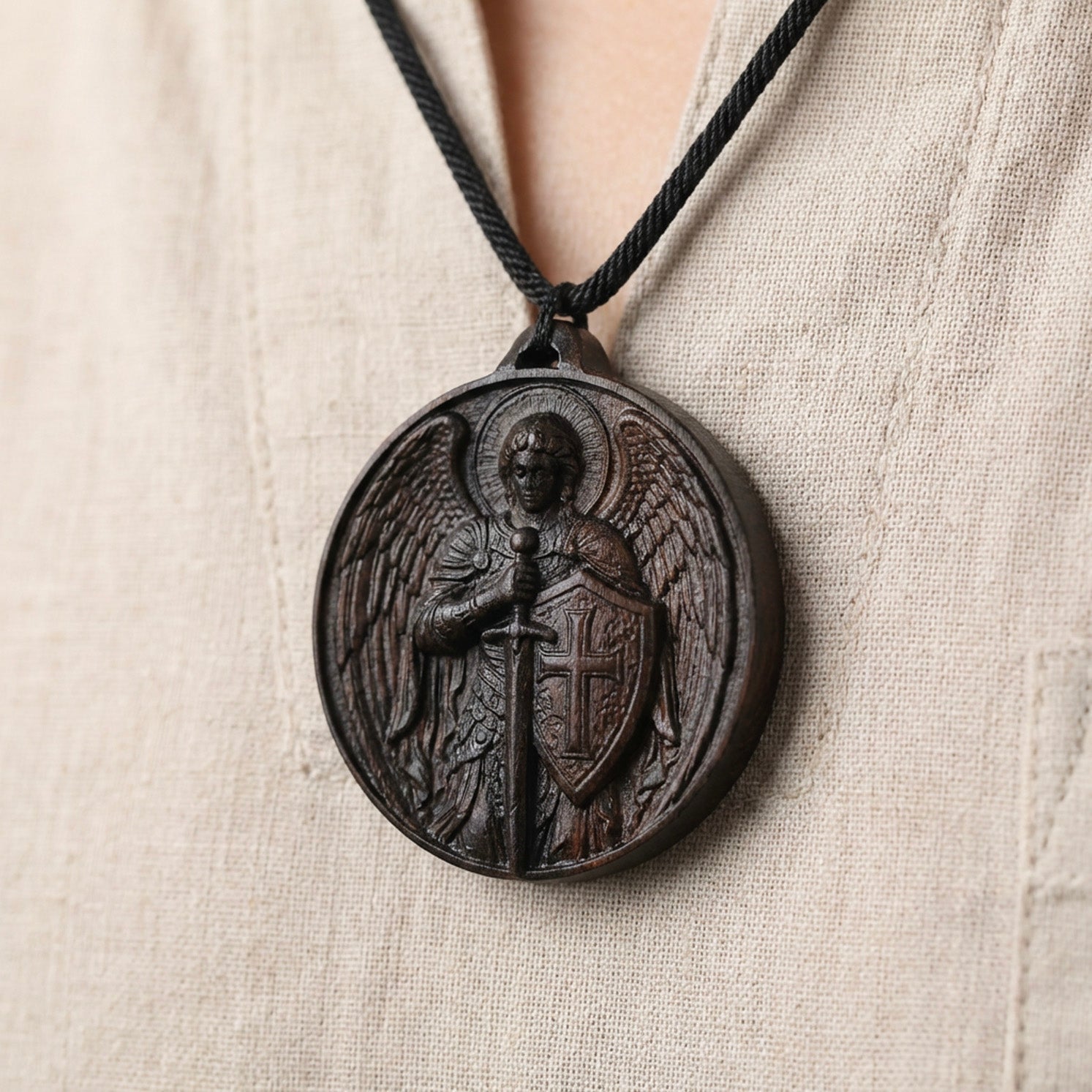 Handcrafted Ebony Wood Archangel Michael Necklace Pendant – Personalized St. Michael Medal