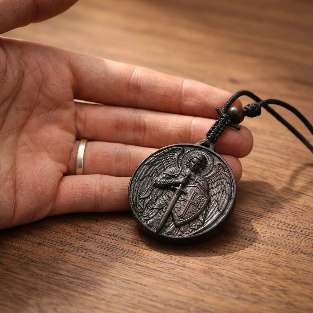 Handcrafted Ebony Wood Archangel Michael Necklace Pendant – Personalized St. Michael Medal