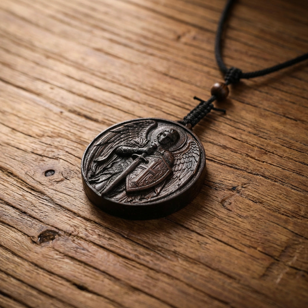 Handcrafted Ebony Wood Archangel Michael Necklace Pendant – Personalized St. Michael Medal