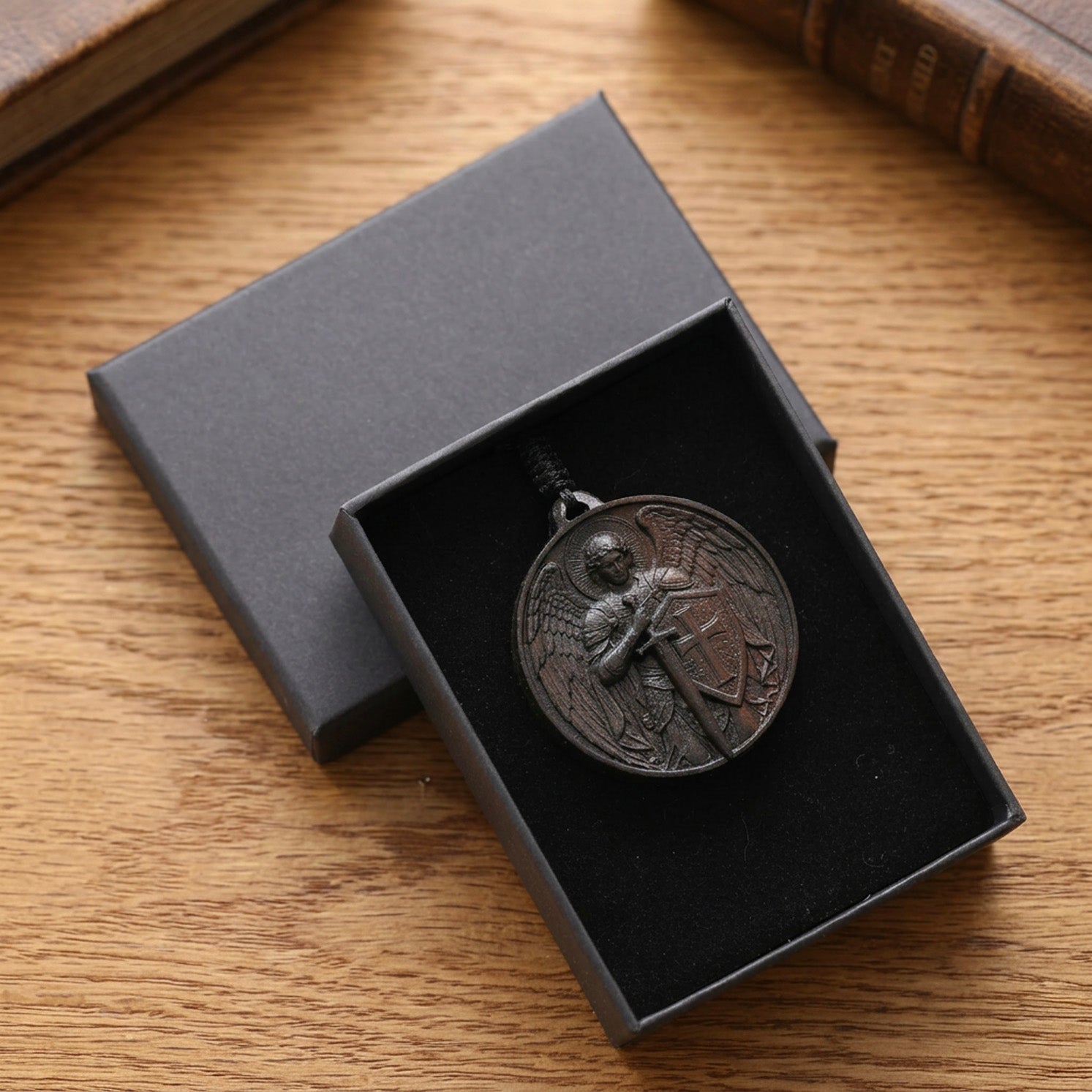 Handcrafted Ebony Wood Archangel Michael Necklace Pendant – Personalized St. Michael Medal