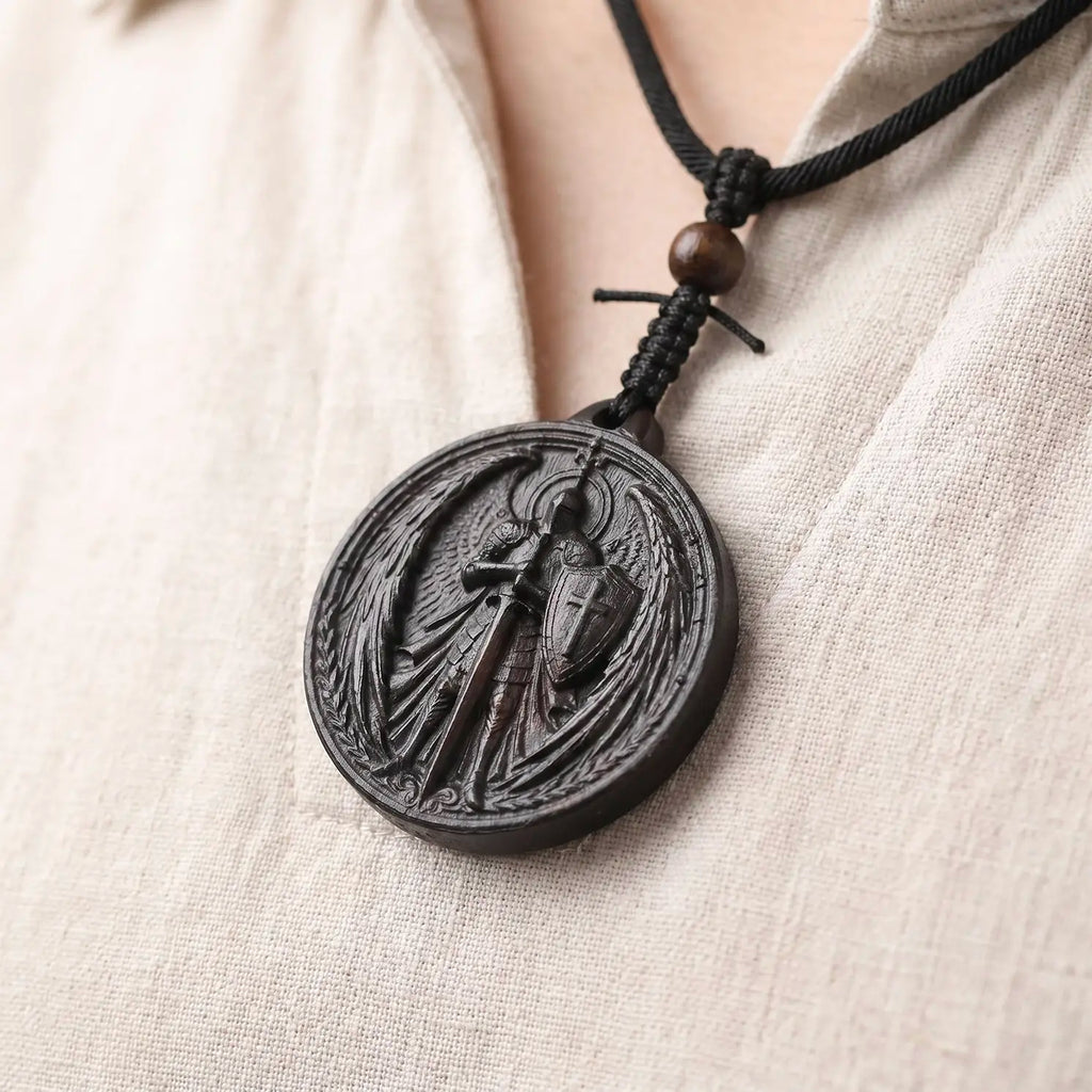 Personalized Archangel Warrior Pendant Necklace, Handcrafted Reclaimed Ebony Wood