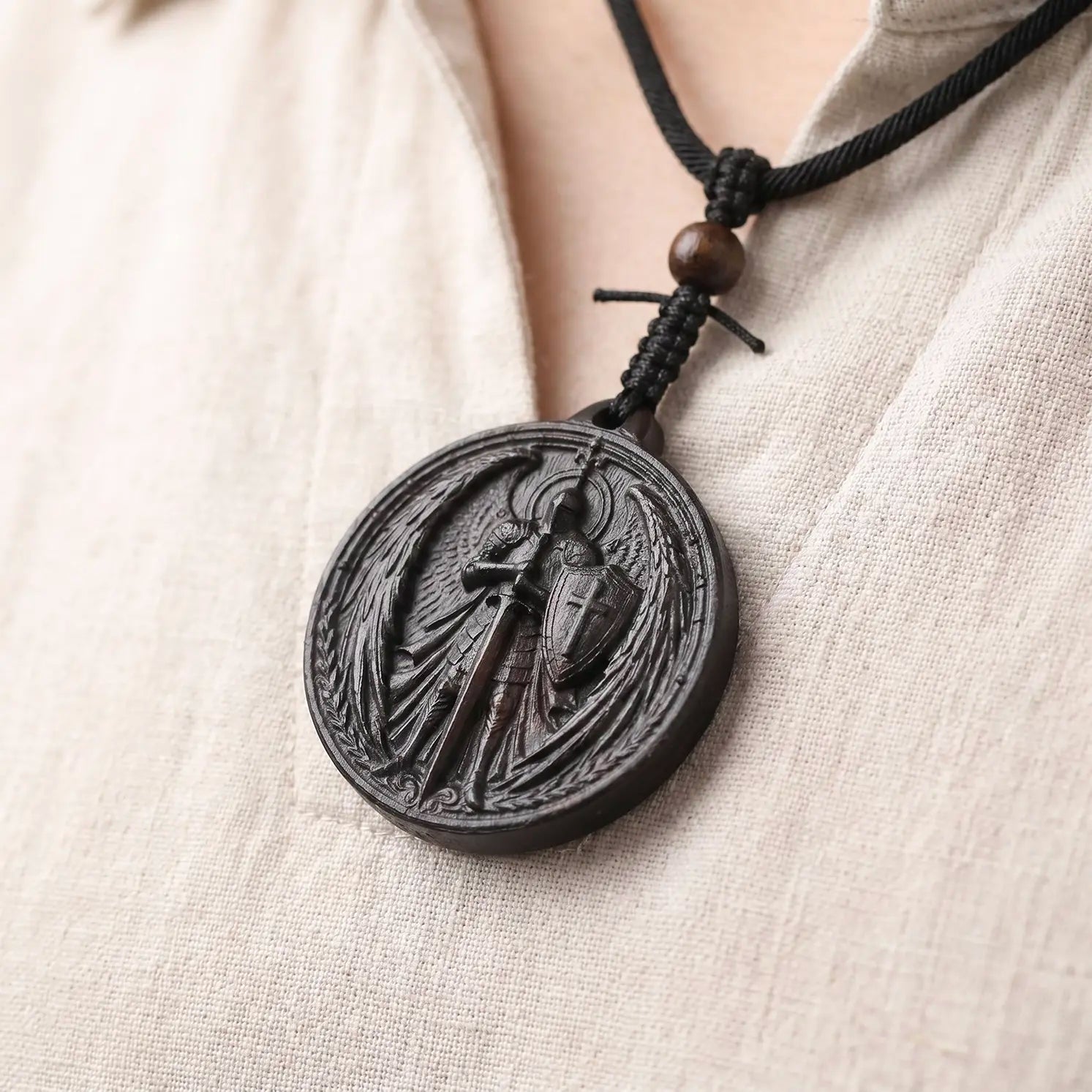 Personalized Archangel Warrior Pendant Necklace, Handcrafted Reclaimed Ebony Wood