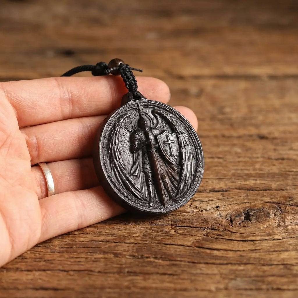 Personalized Archangel Warrior Pendant Necklace, Handcrafted Reclaimed Ebony Wood