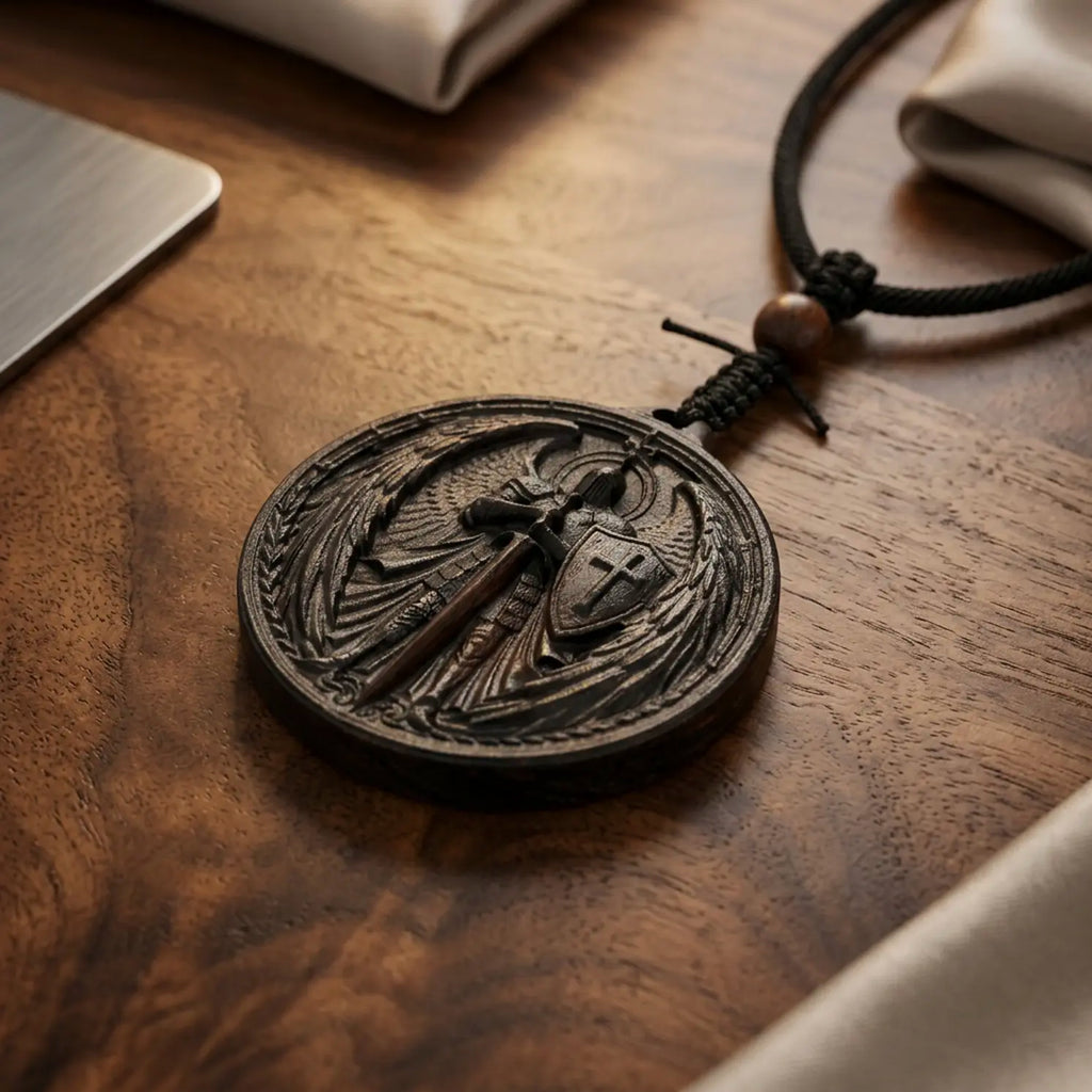 Personalized Archangel Warrior Pendant Necklace, Handcrafted Reclaimed Ebony Wood