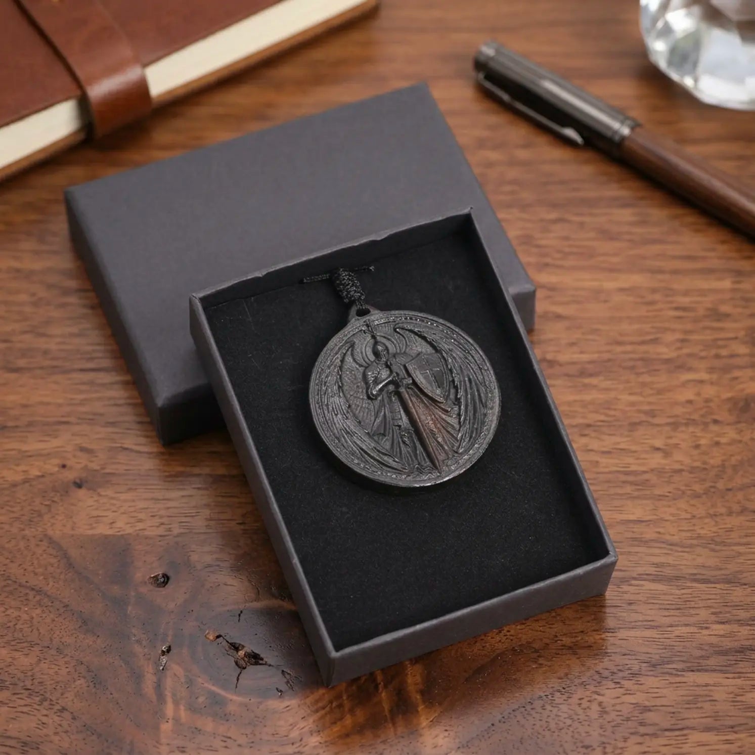 Personalized Archangel Warrior Pendant Necklace, Handcrafted Reclaimed Ebony Wood