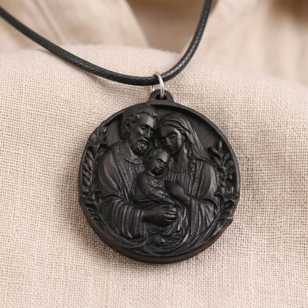 Personalized Holy Family Pendant Necklace – Handcrafted Ebony Wood Catholic Medallion