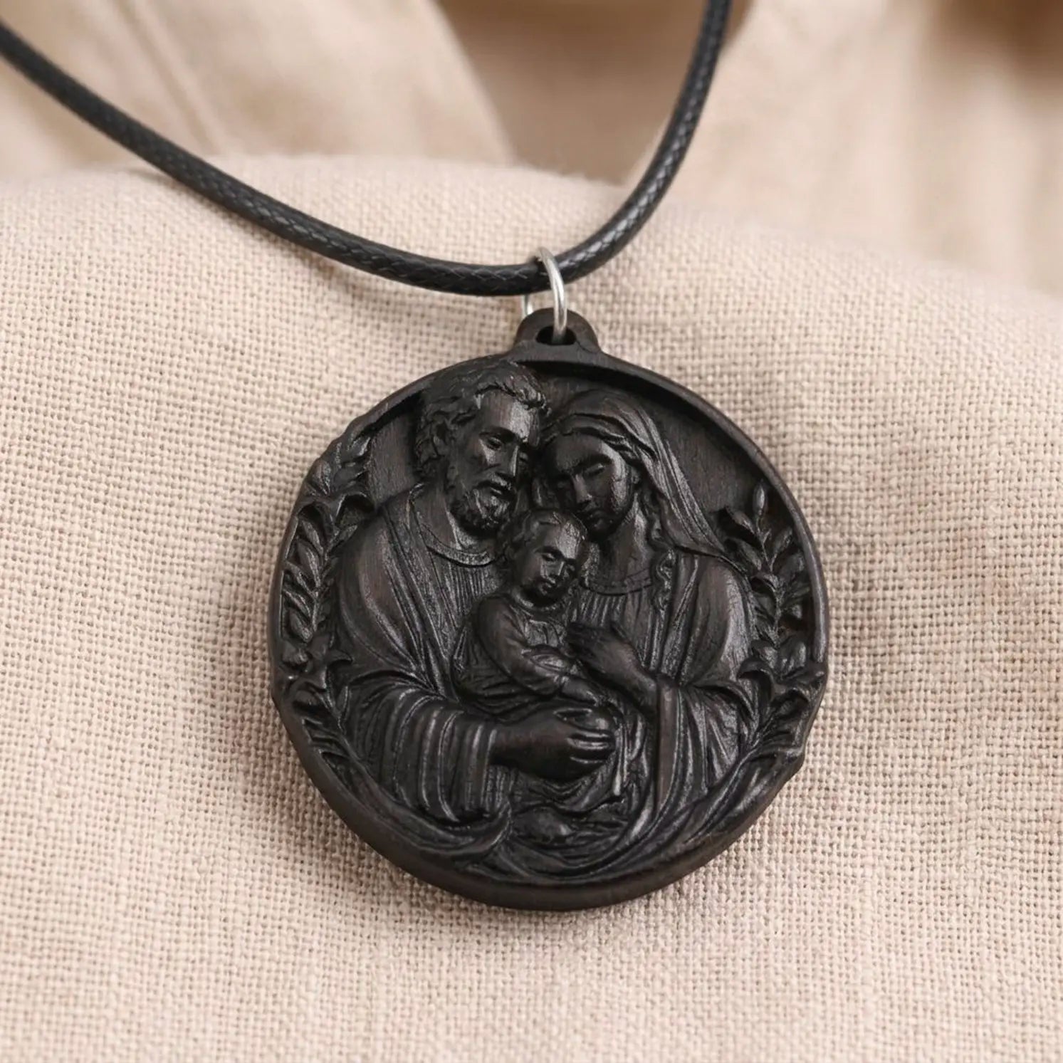 Personalized Holy Family Pendant Necklace – Handcrafted Ebony Wood Catholic Medallion