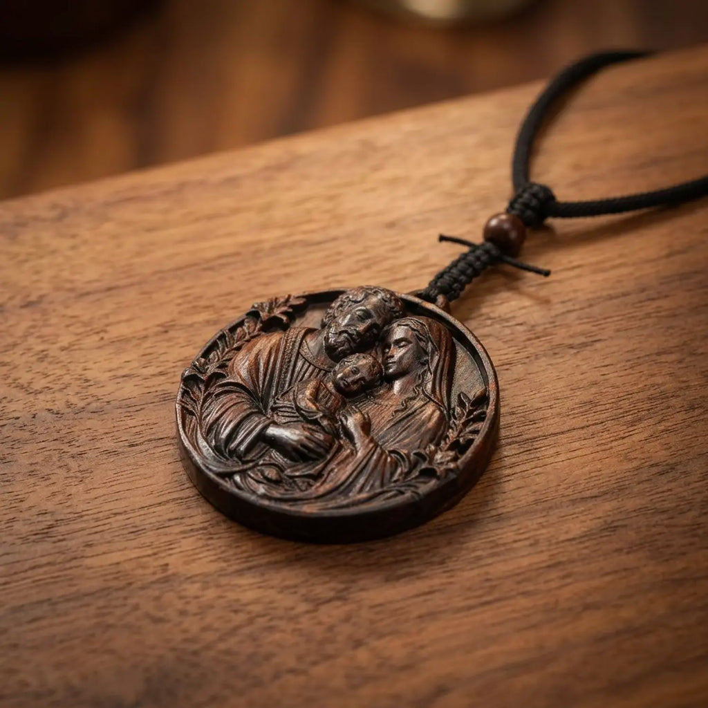Personalized Holy Family Pendant Necklace – Handcrafted Ebony Wood Catholic Medallion