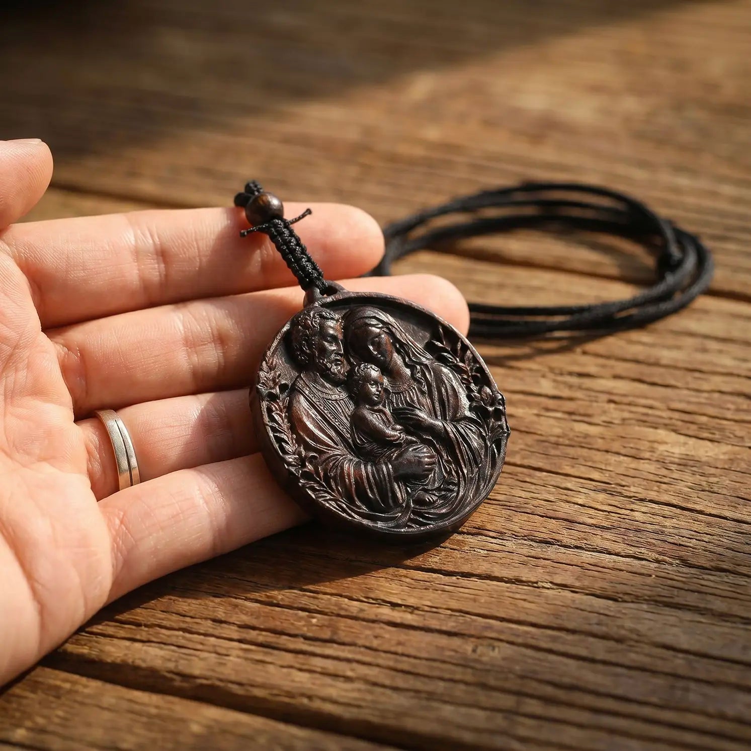 Personalized Holy Family Pendant Necklace – Handcrafted Ebony Wood Catholic Medallion