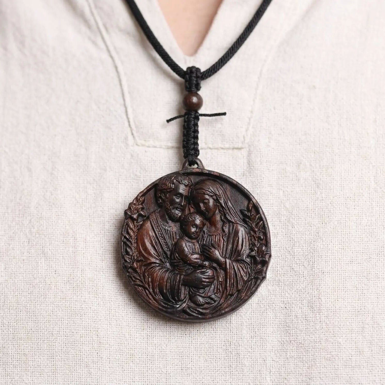 Personalized Holy Family Pendant Necklace – Handcrafted Ebony Wood Catholic Medallion