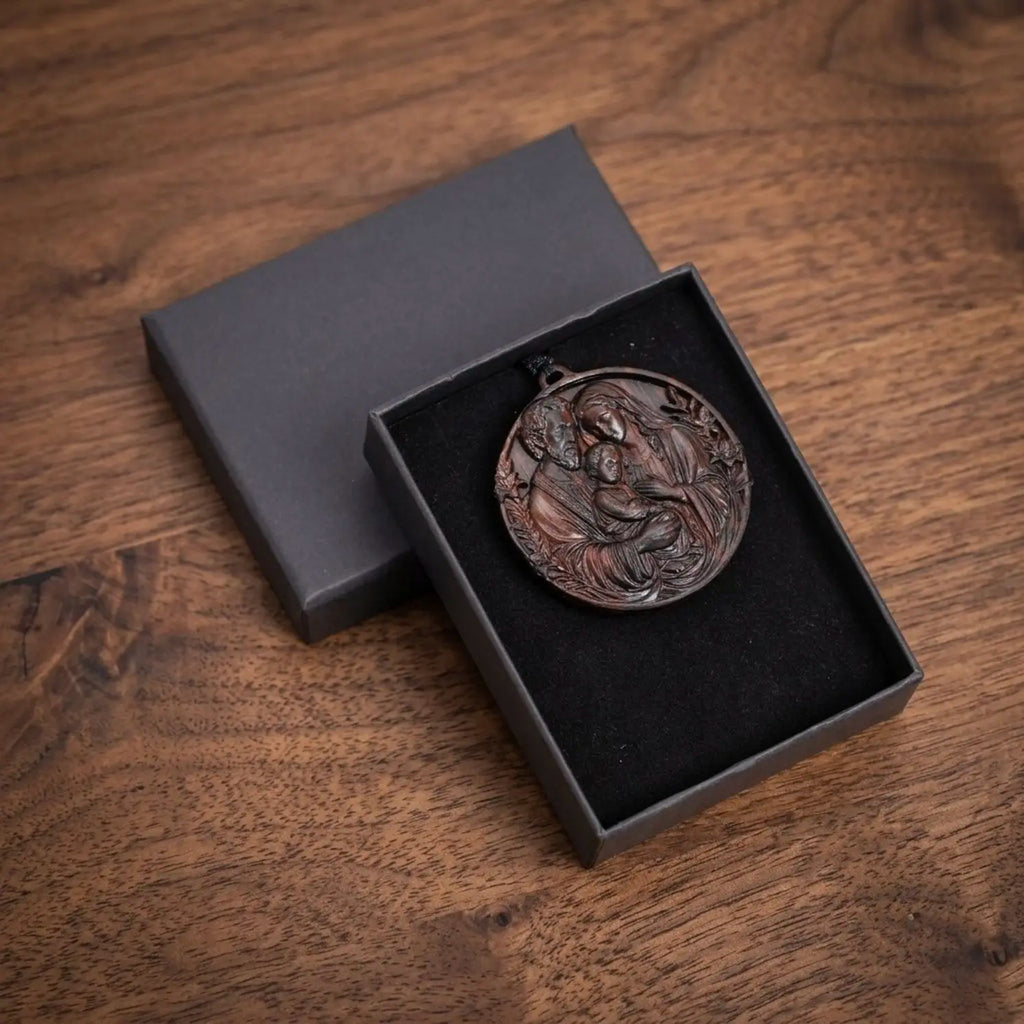 Personalized Holy Family Pendant Necklace – Handcrafted Ebony Wood Catholic Medallion