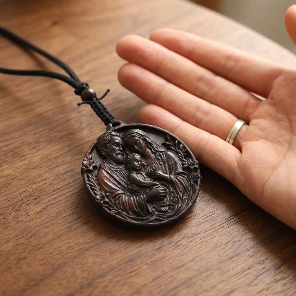 Personalized Holy Family Pendant Necklace – Handcrafted Ebony Wood Catholic Medallion