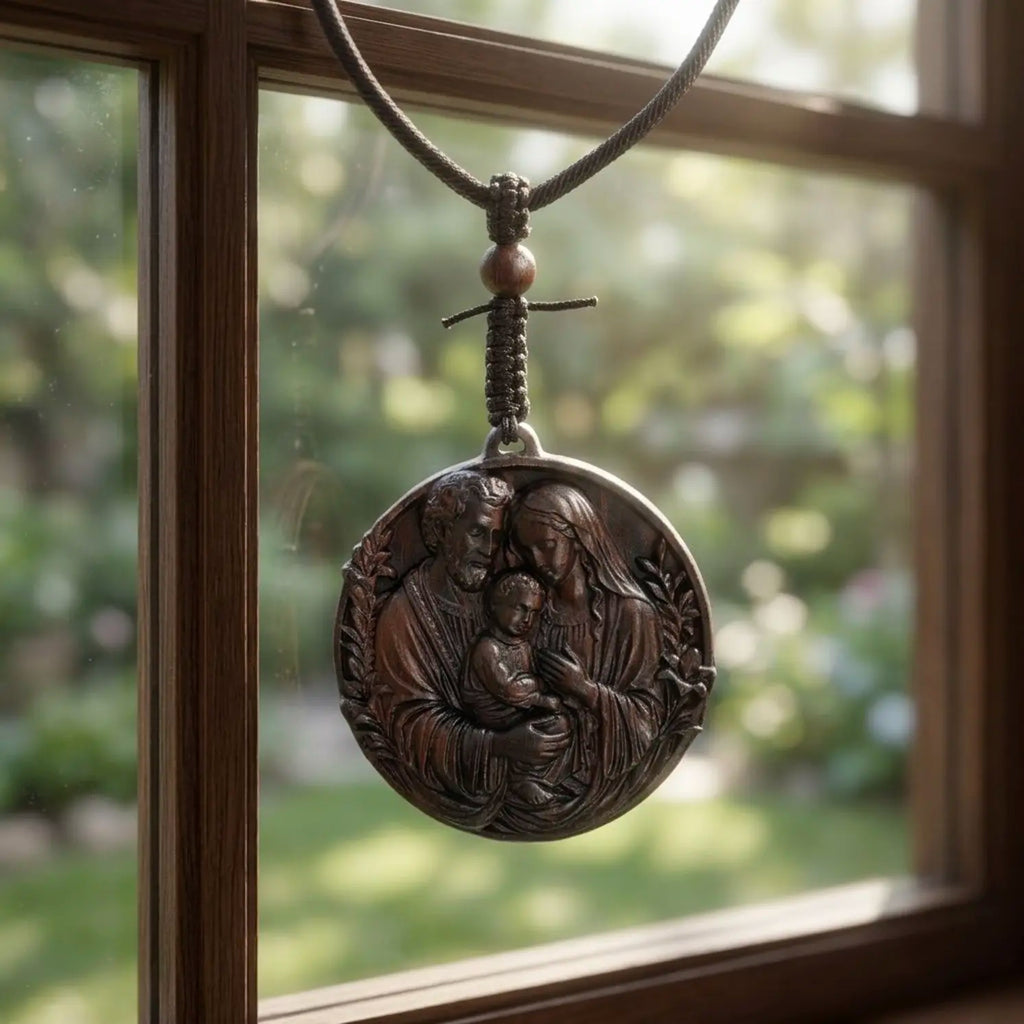 Personalized Holy Family Pendant Necklace – Handcrafted Ebony Wood Catholic Medallion