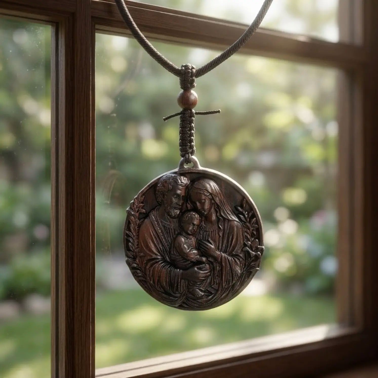 Personalized Holy Family Pendant Necklace – Handcrafted Ebony Wood Catholic Medallion