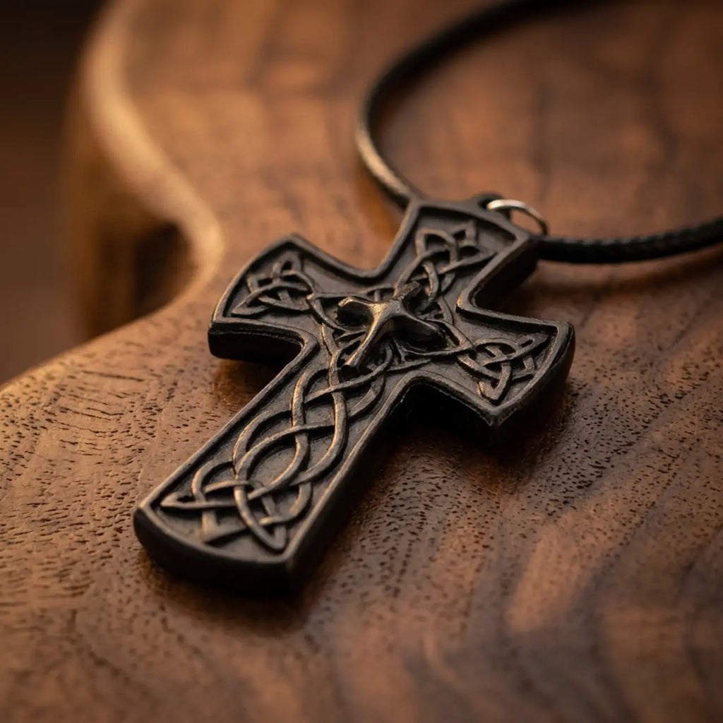 Personalized Celtic Knot Ebony Cross Necklace – Hand-Carved Wood Pendant, Custom Engraved Christian Gift