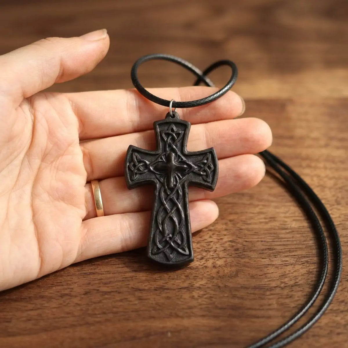 Personalized Celtic Knot Ebony Cross Necklace – Hand-Carved Wood Pendant, Custom Engraved Christian Gift