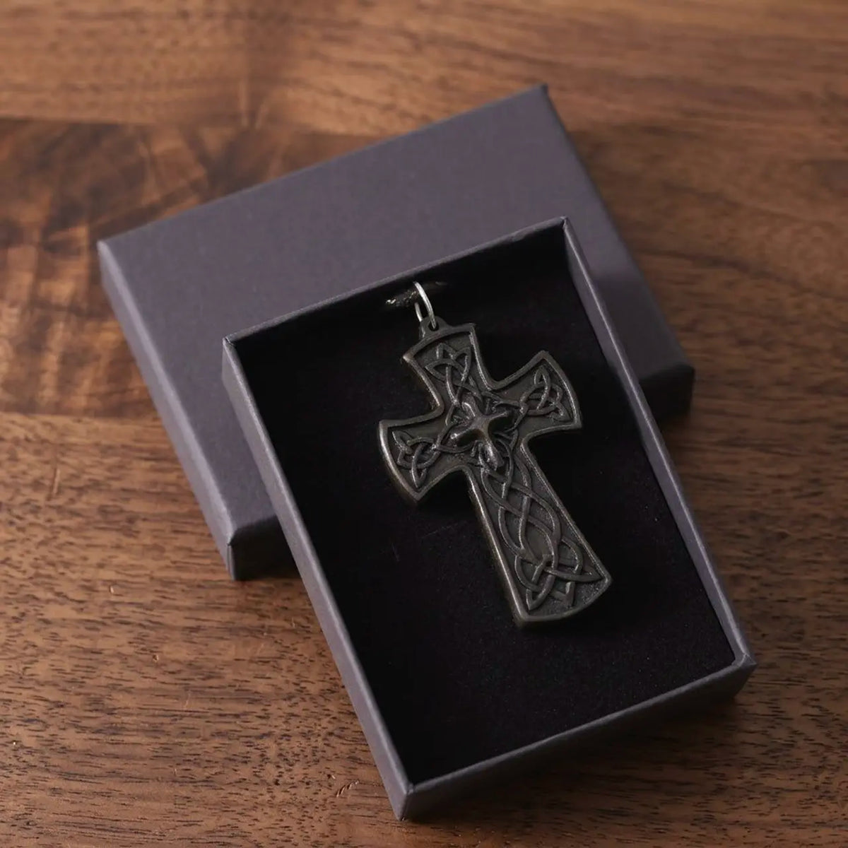 Personalized Celtic Knot Ebony Cross Necklace – Hand-Carved Wood Pendant, Custom Engraved Christian Gift