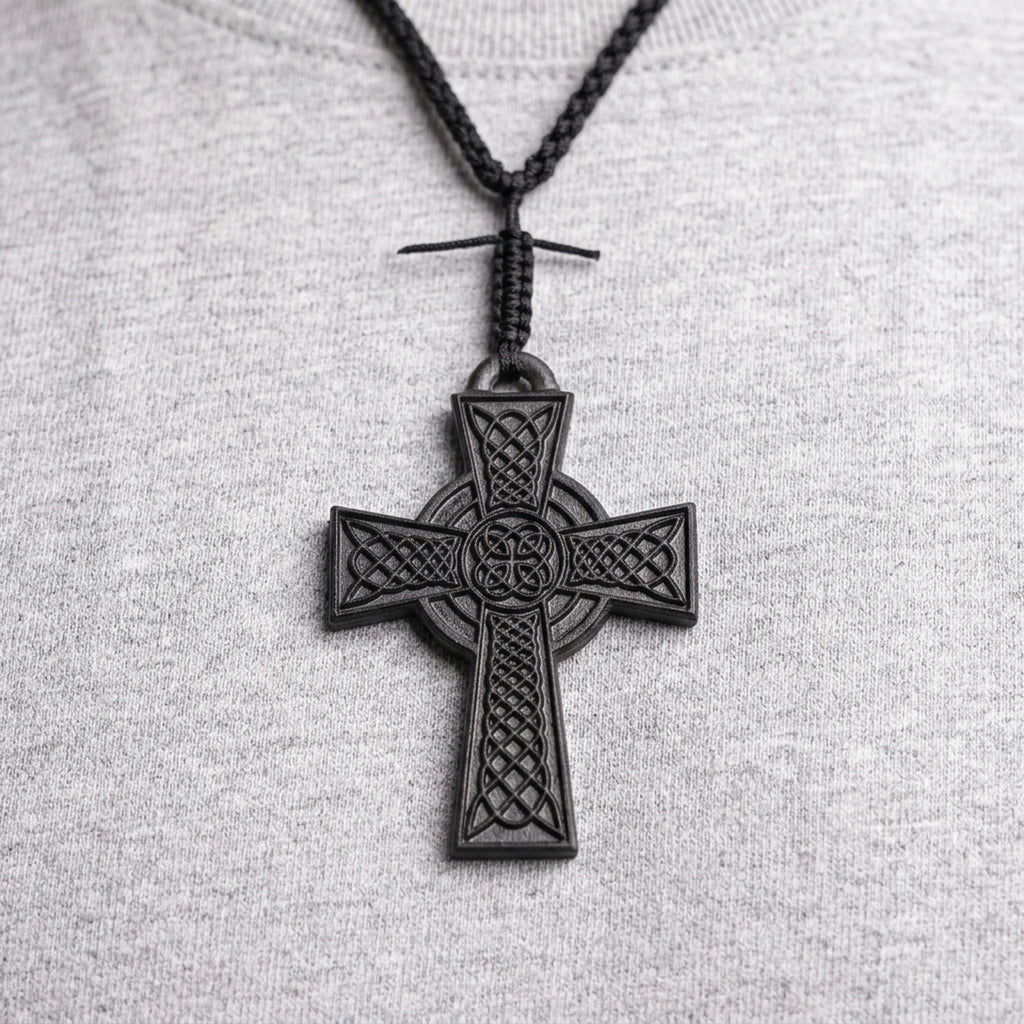 Handcrafted Ebony Wood Celtic Knot Cross Pendant Necklace – Personalized Irish Heritage Jewelry – Reclaimed Antique Hardwood Christian Gift