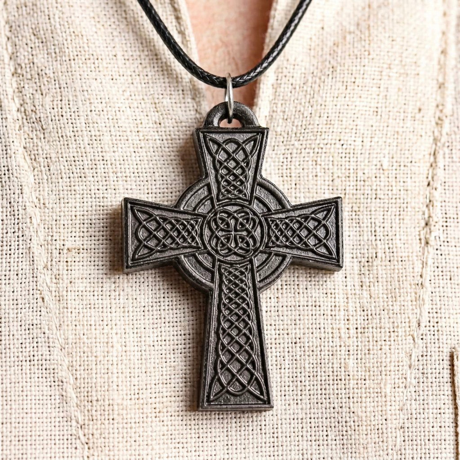 Handcrafted Ebony Wood Celtic Knot Cross Pendant Necklace – Personalized Irish Heritage Jewelry – Reclaimed Antique Hardwood Christian Gift