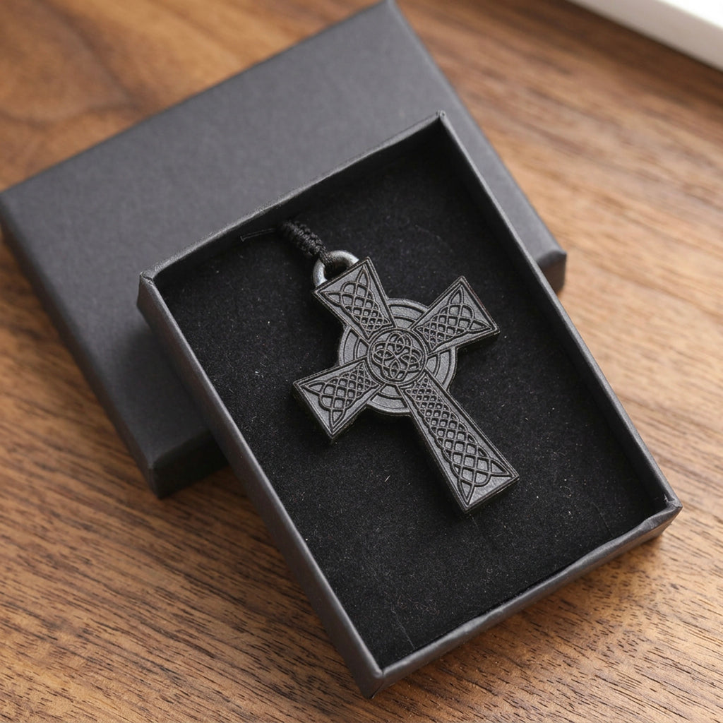 Handcrafted Ebony Wood Celtic Knot Cross Pendant Necklace – Personalized Irish Heritage Jewelry – Reclaimed Antique Hardwood Christian Gift