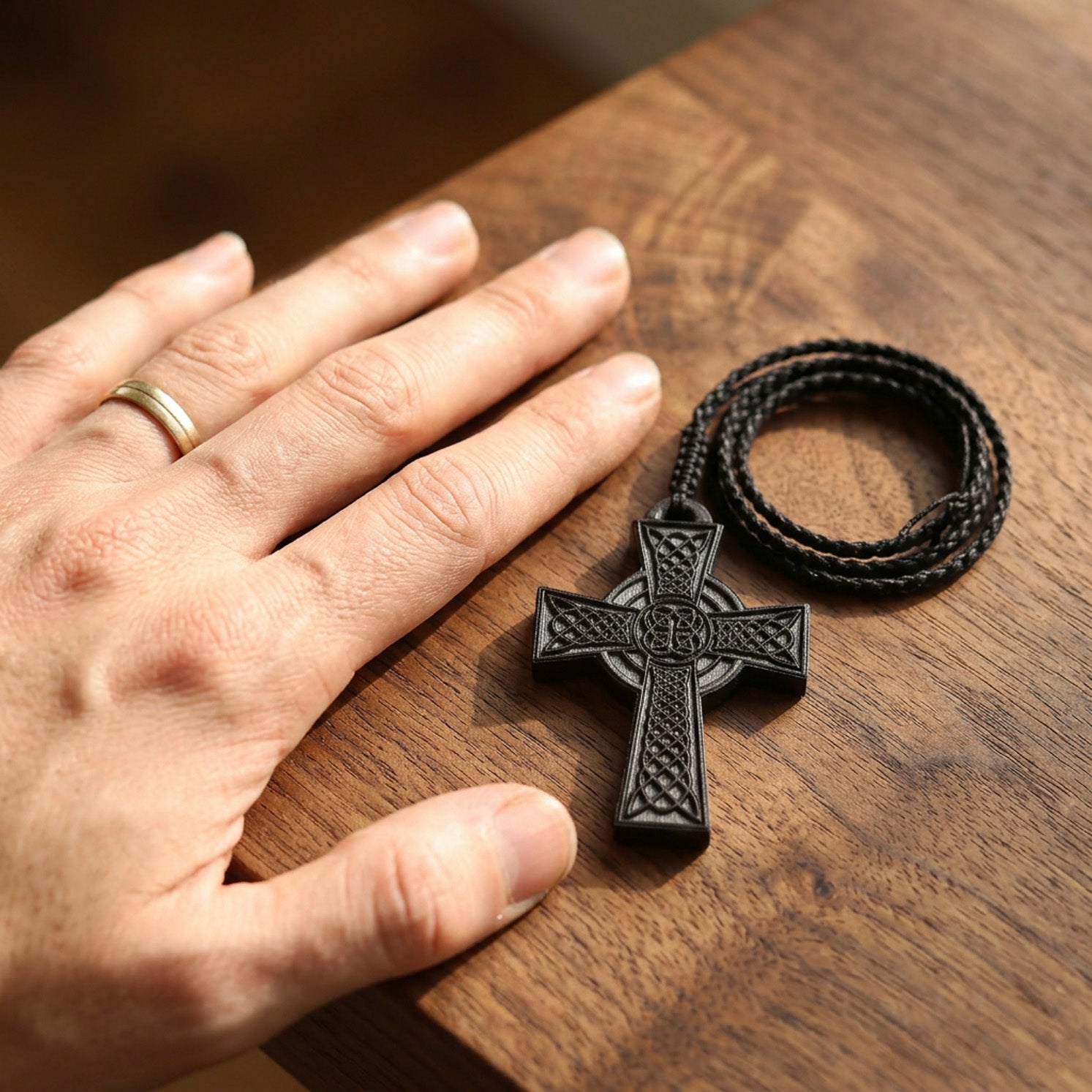 Handcrafted Ebony Wood Celtic Knot Cross Pendant Necklace – Personalized Irish Heritage Jewelry – Reclaimed Antique Hardwood Christian Gift