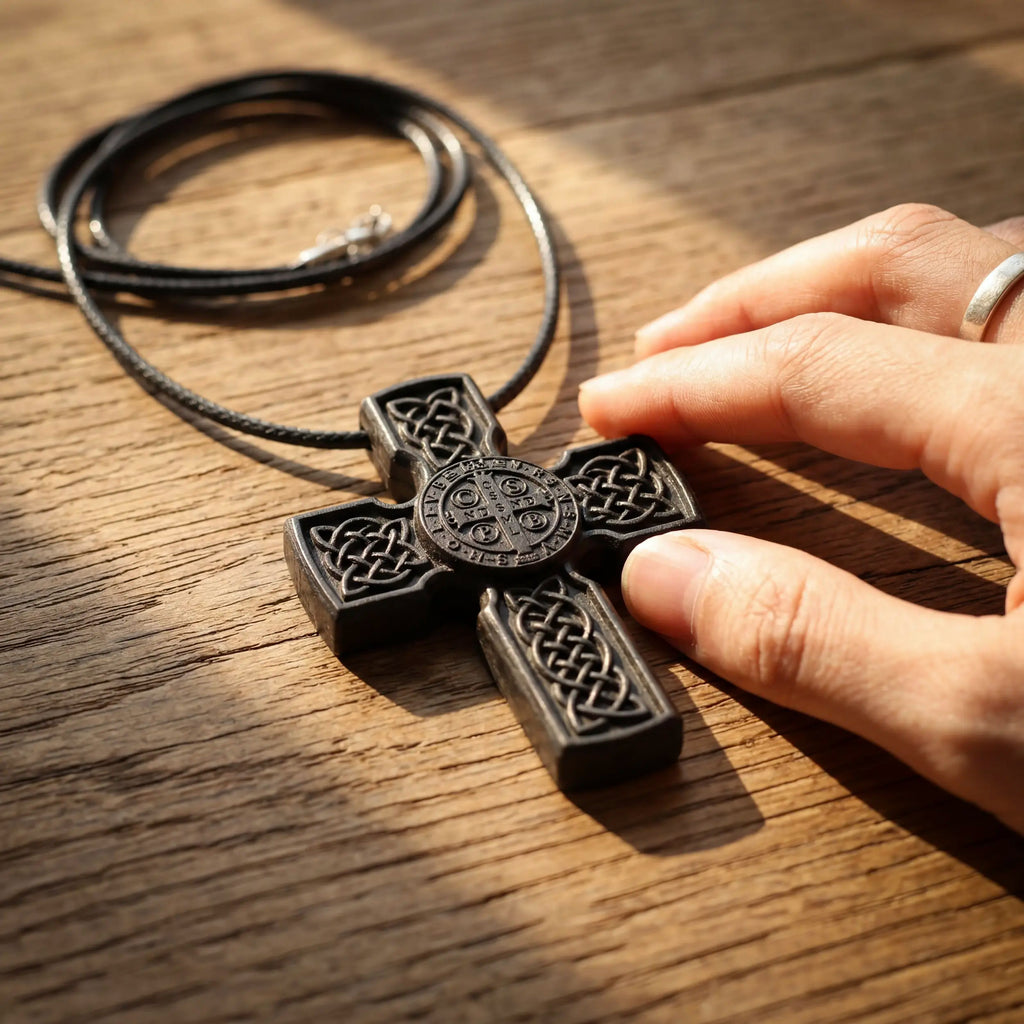Handcrafted Ebony Wood Celtic Saint Benedict Cross Pendant