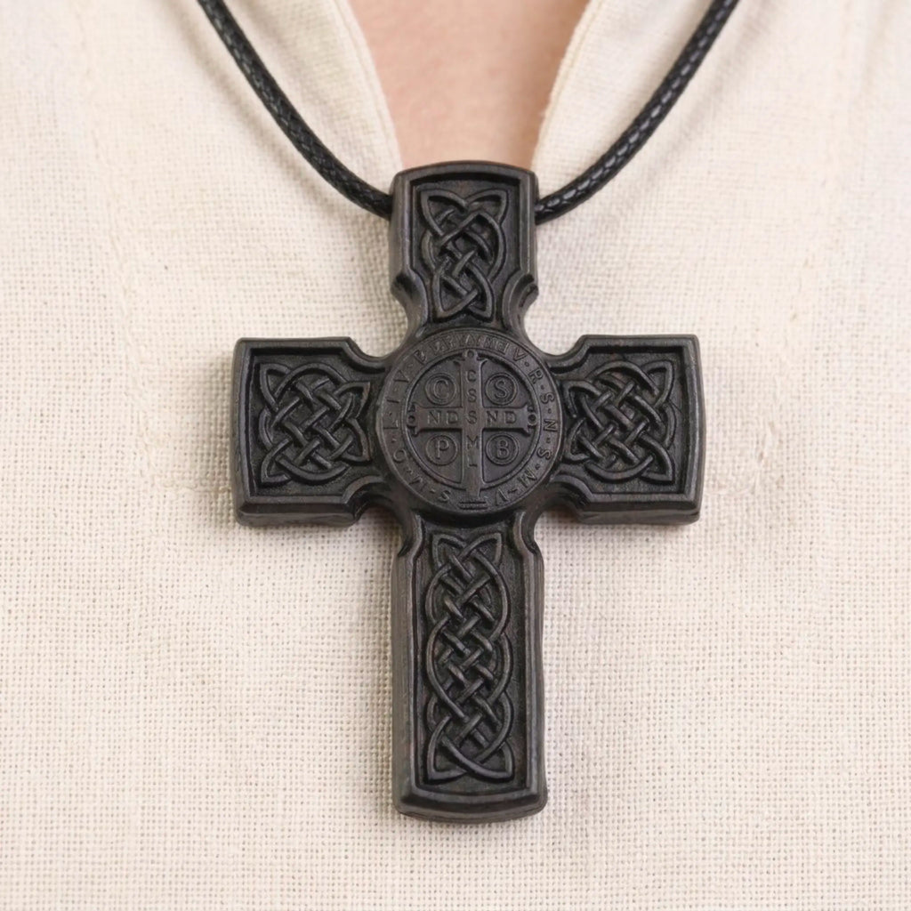 Handcrafted Ebony Wood Celtic Saint Benedict Cross Pendant