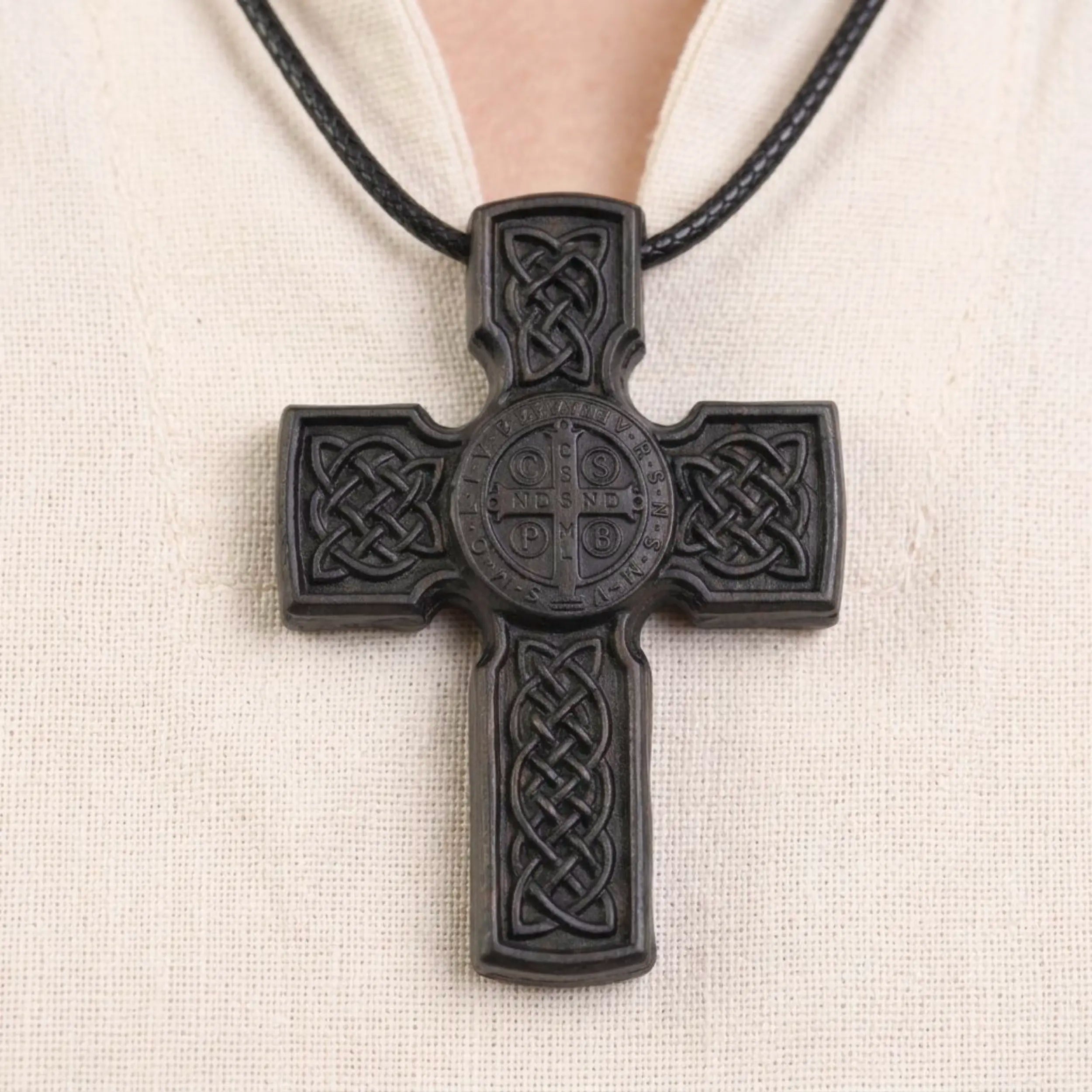 Handcrafted Ebony Wood Celtic Saint Benedict Cross Pendant