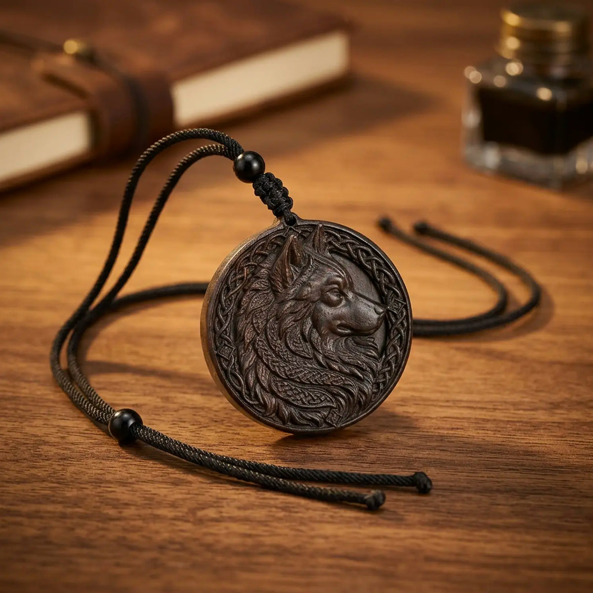 Celtic Wolf Pendant Necklace – Handcrafted Reclaimed Ebony Wood Wolf Totem, Norse Inspired Jewelry