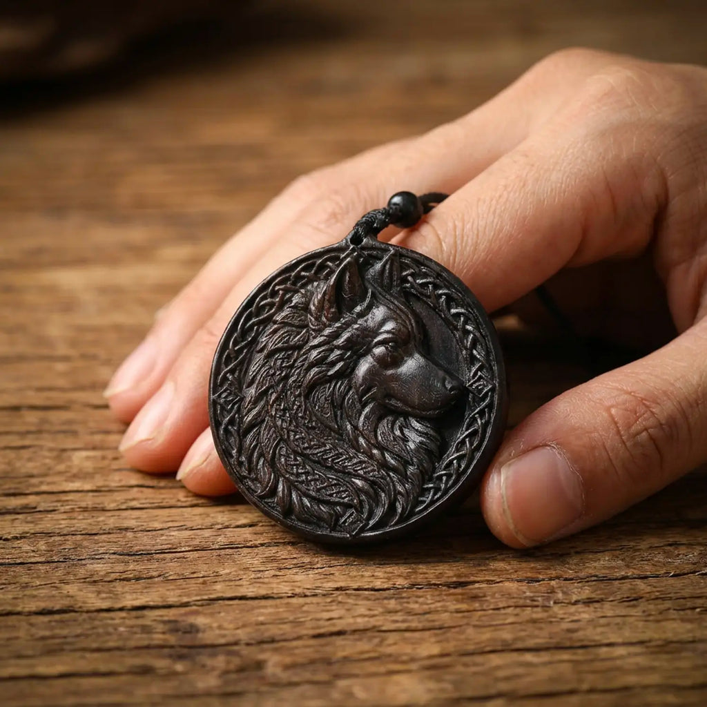 Celtic Wolf Pendant Necklace – Handcrafted Reclaimed Ebony Wood Wolf Totem, Norse Inspired Jewelry