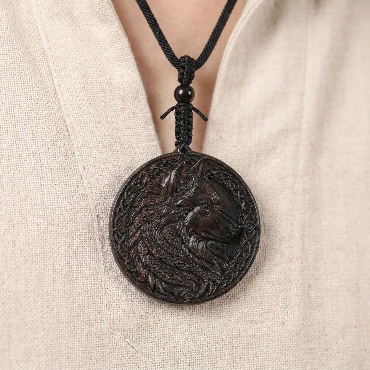 Celtic Wolf Pendant Necklace – Handcrafted Reclaimed Ebony Wood Wolf Totem, Norse Inspired Jewelry