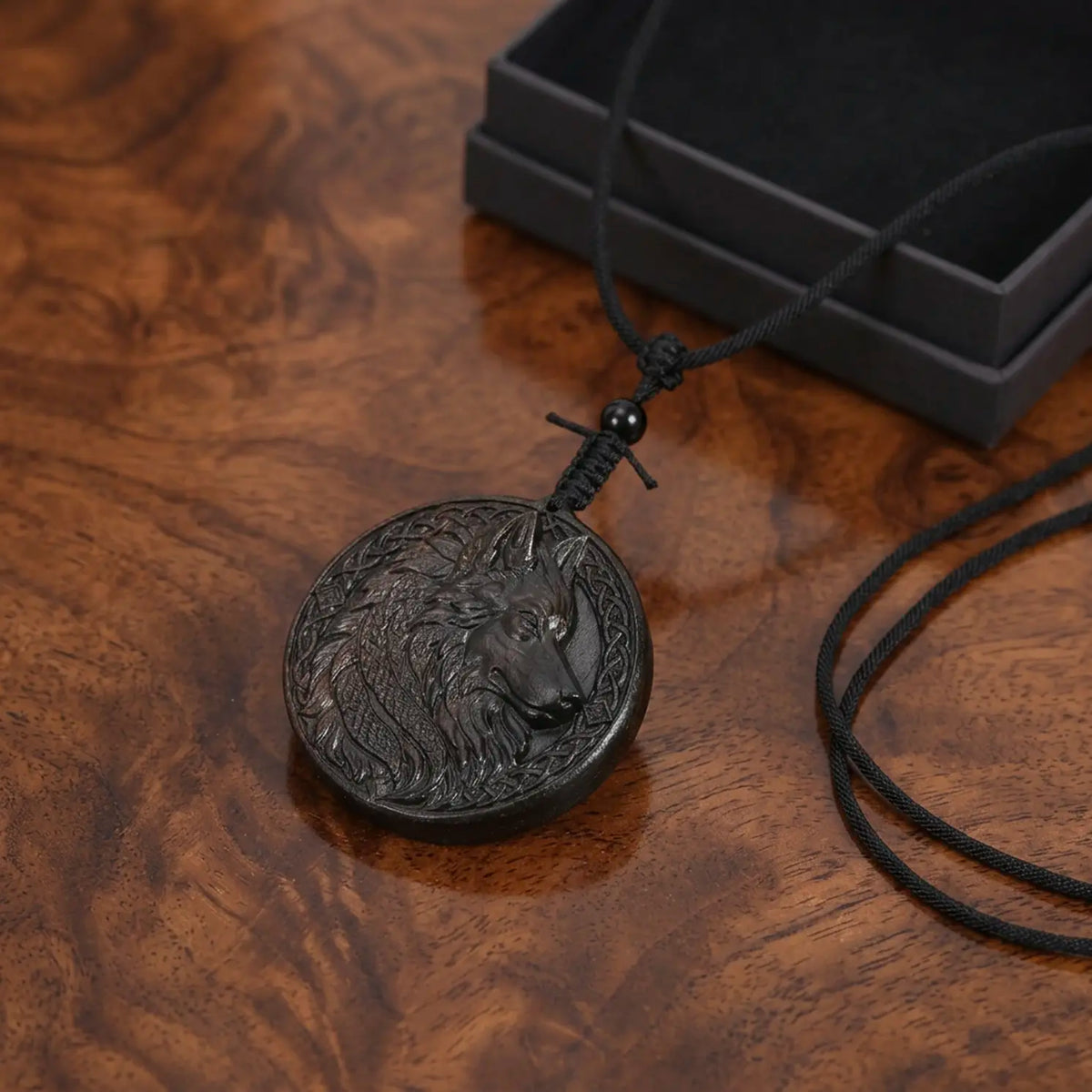 Celtic Wolf Pendant Necklace – Handcrafted Reclaimed Ebony Wood Wolf Totem, Norse Inspired Jewelry