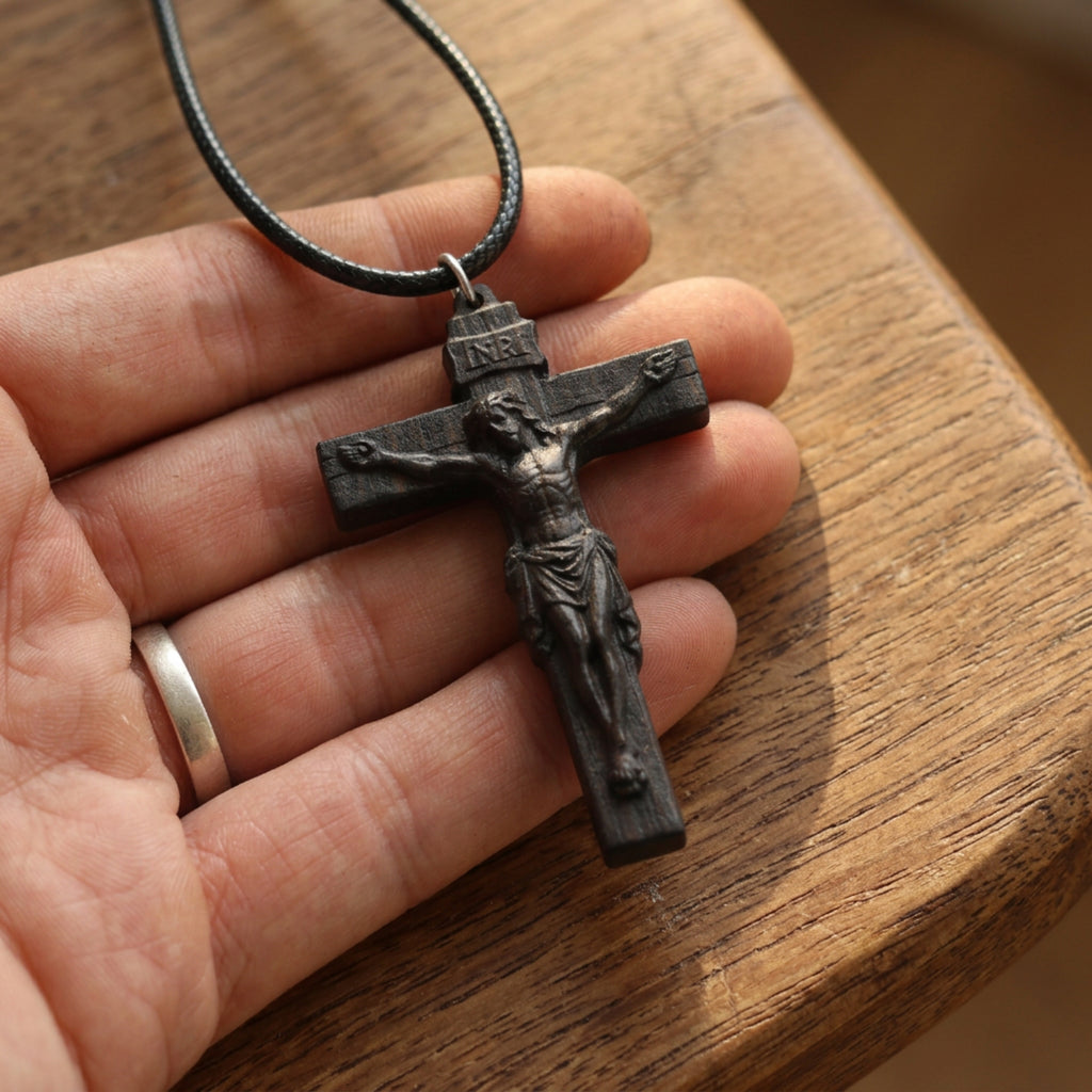 Classic Crucifix Necklace, Handcrafted Reclaimed Ebony Wood Cross Pendant, Catholic Jesus Crucifix, Christian Faith Jewelry
