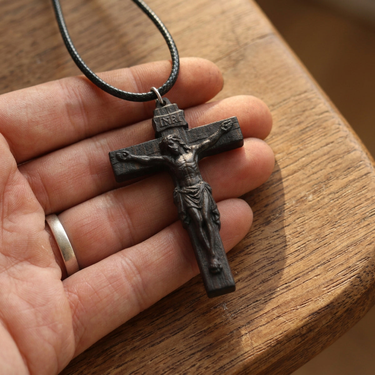 Classic Crucifix Necklace, Handcrafted Reclaimed Ebony Wood Cross Pendant, Catholic Jesus Crucifix, Christian Faith Jewelry