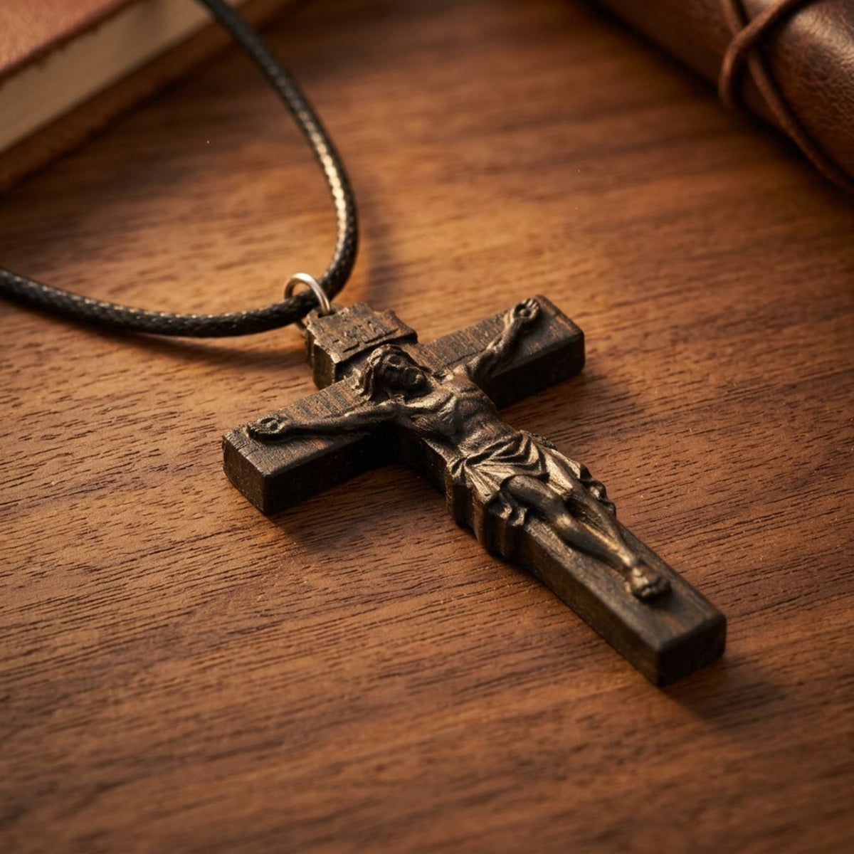 Classic Crucifix Necklace, Handcrafted Reclaimed Ebony Wood Cross Pendant, Catholic Jesus Crucifix, Christian Faith Jewelry