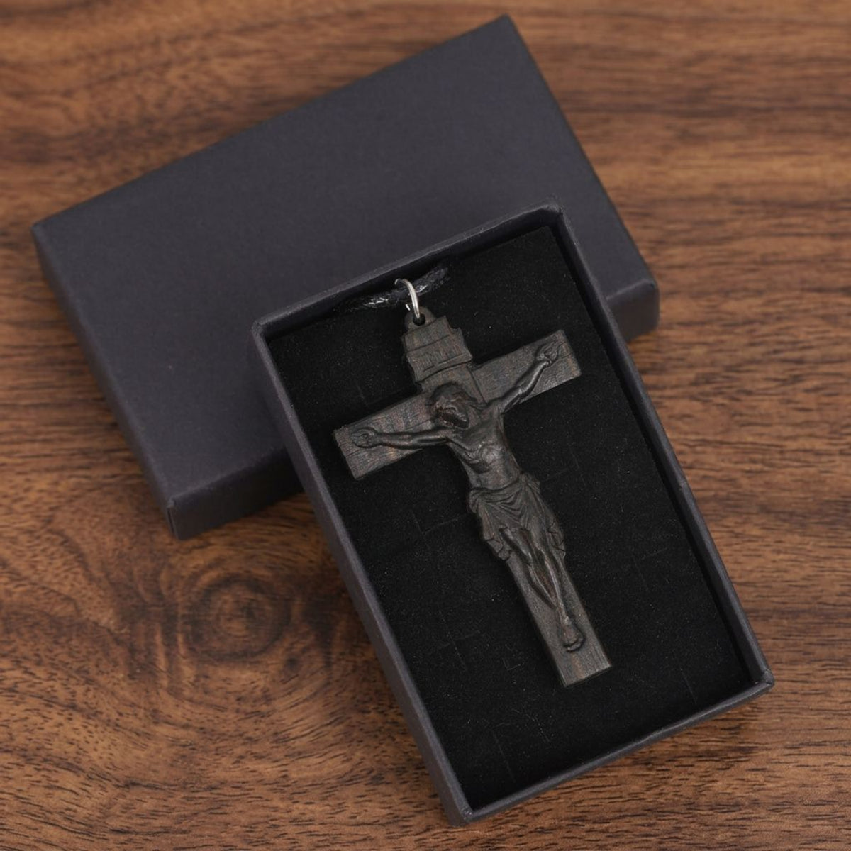 Classic Crucifix Necklace, Handcrafted Reclaimed Ebony Wood Cross Pendant, Catholic Jesus Crucifix, Christian Faith Jewelry